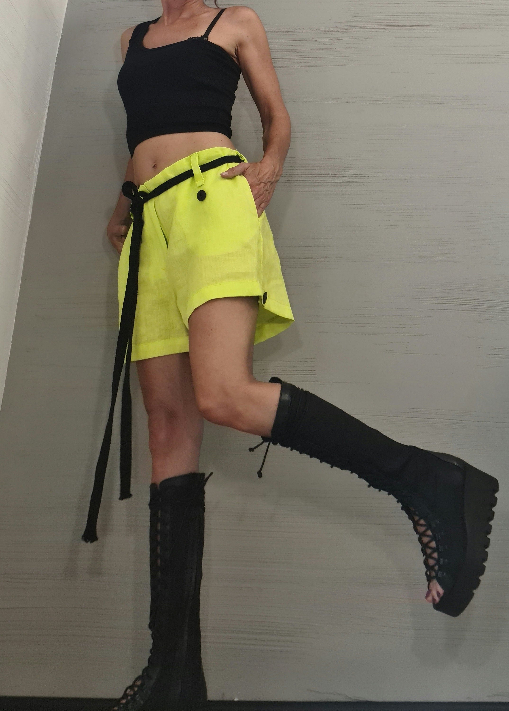 Lime Linen Extravagant Pants, Women Sexy Shorts, Loose Pants, Short Pants, Gothic Pants, Avant Garde Shorts