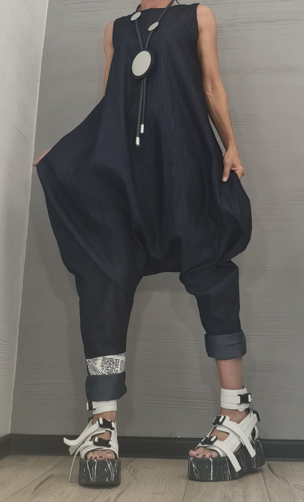Asymmetric long Jumpsuit, Harem Jumpsuit, Denim Jumpsuit, Gothic Jumpsuit , Extravagant Wide Leg Overall, Sleeveless Jumpsuit