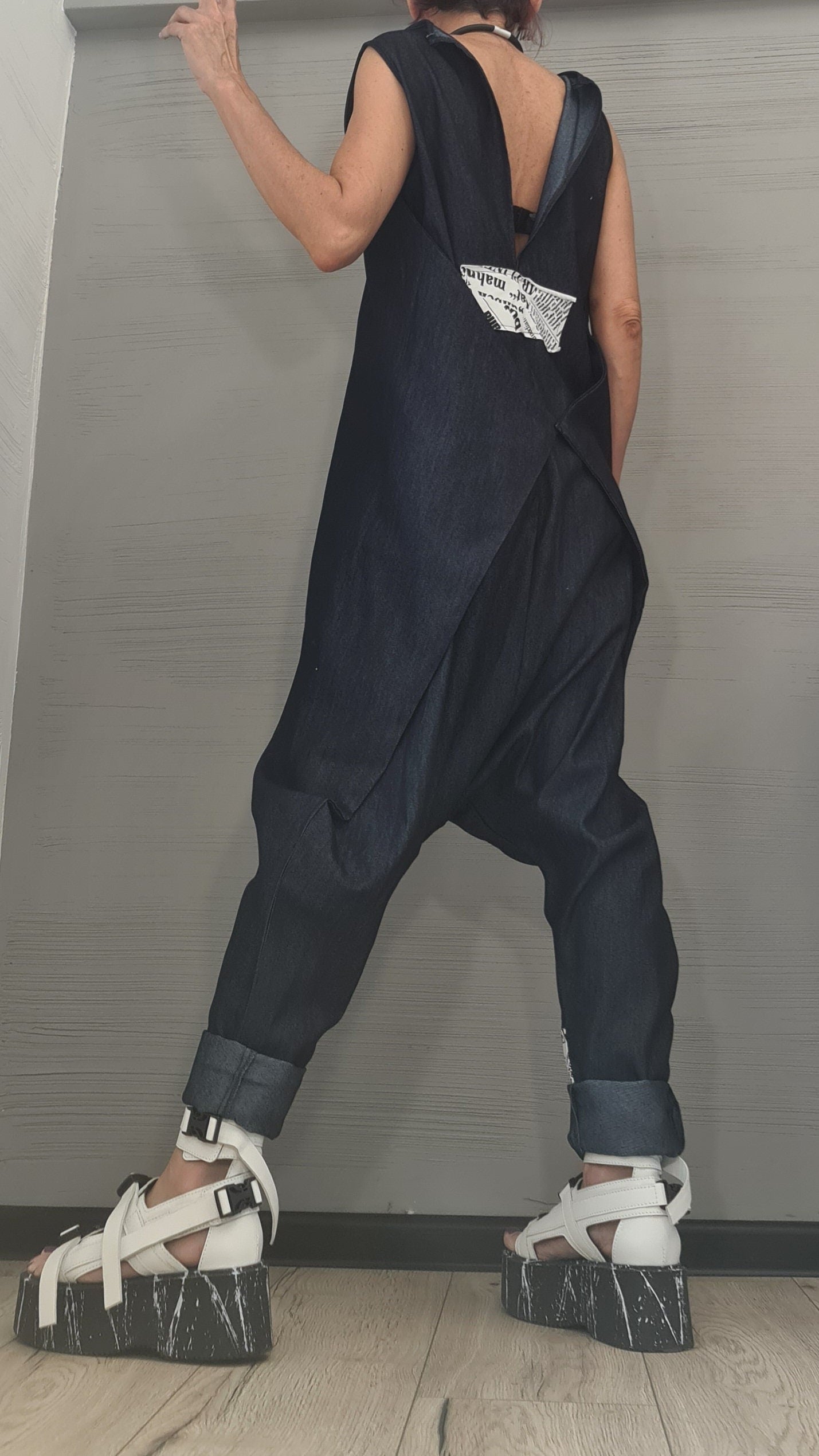 Asymmetric long Jumpsuit, Harem Jumpsuit, Denim Jumpsuit, Gothic Jumpsuit , Extravagant Wide Leg Overall, Sleeveless Jumpsuit