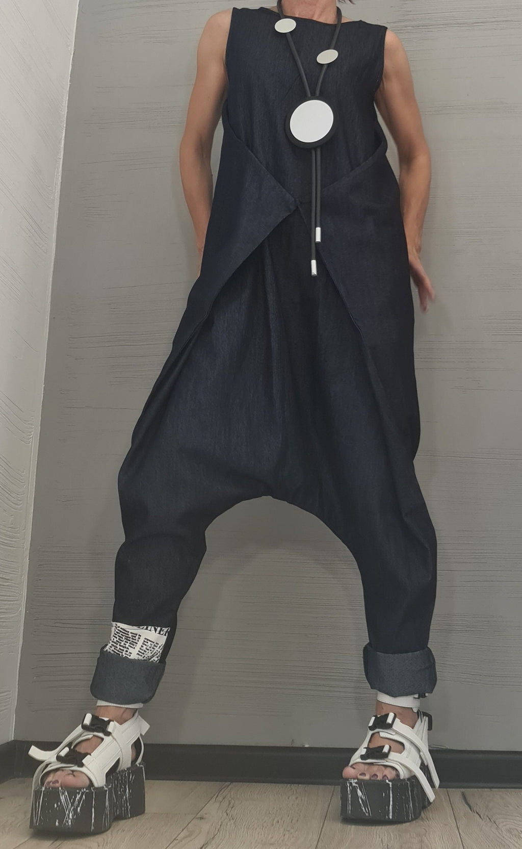 Asymmetric long Jumpsuit, Harem Jumpsuit, Denim Jumpsuit, Gothic Jumpsuit , Extravagant Wide Leg Overall, Sleeveless Jumpsuit