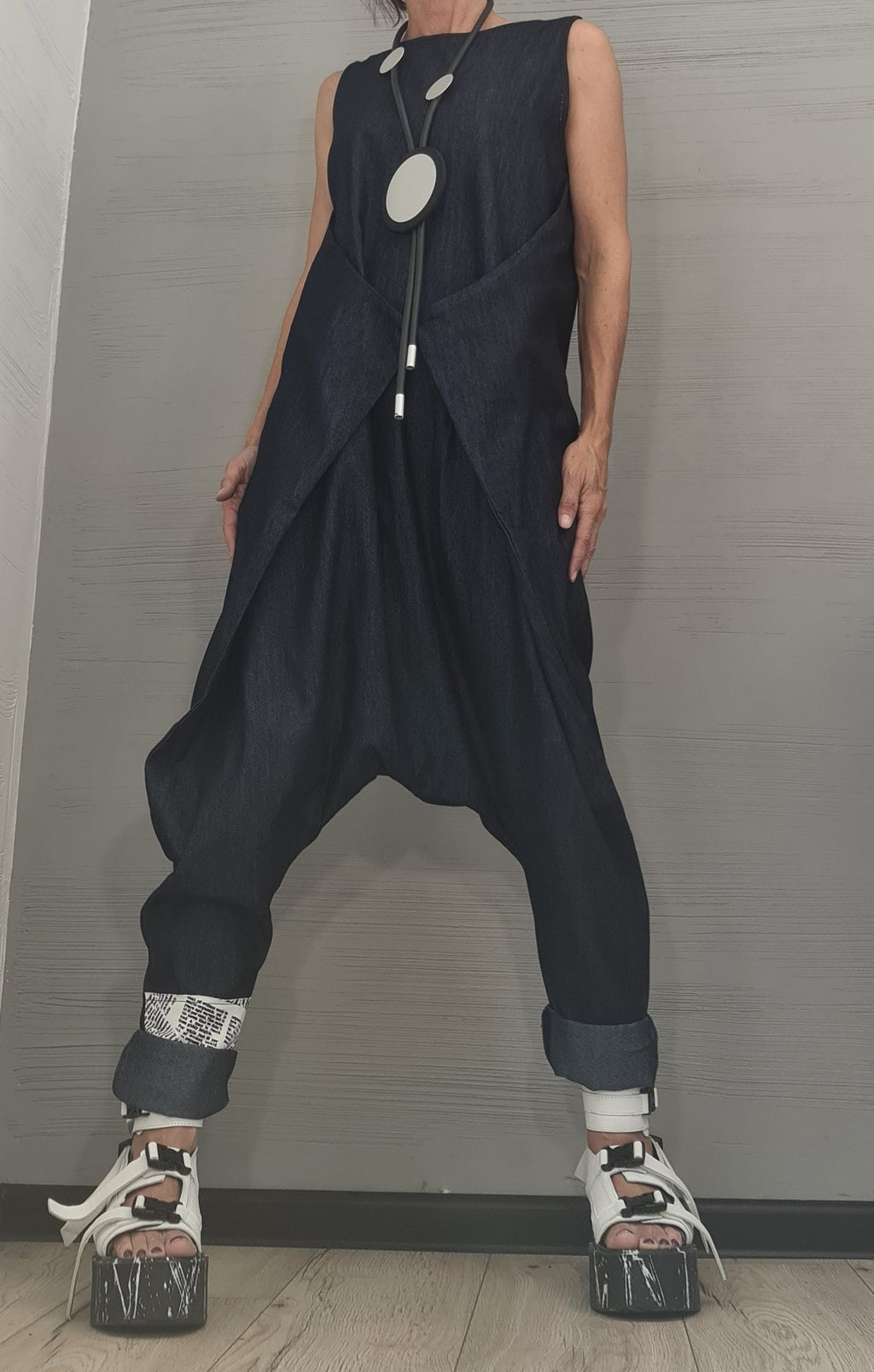 Asymmetric long Jumpsuit, Harem Jumpsuit, Denim Jumpsuit, Gothic Jumpsuit , Extravagant Wide Leg Overall, Sleeveless Jumpsuit