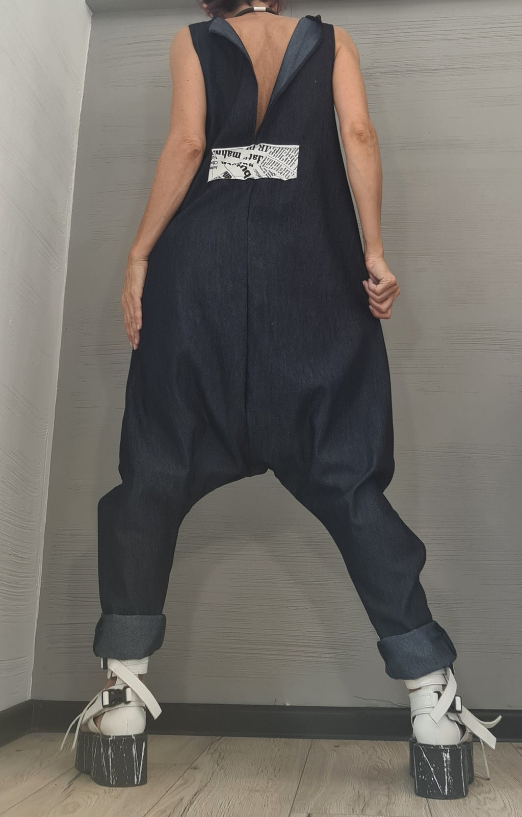 Asymmetric long Jumpsuit, Harem Jumpsuit, Denim Jumpsuit, Gothic Jumpsuit , Extravagant Wide Leg Overall, Sleeveless Jumpsuit