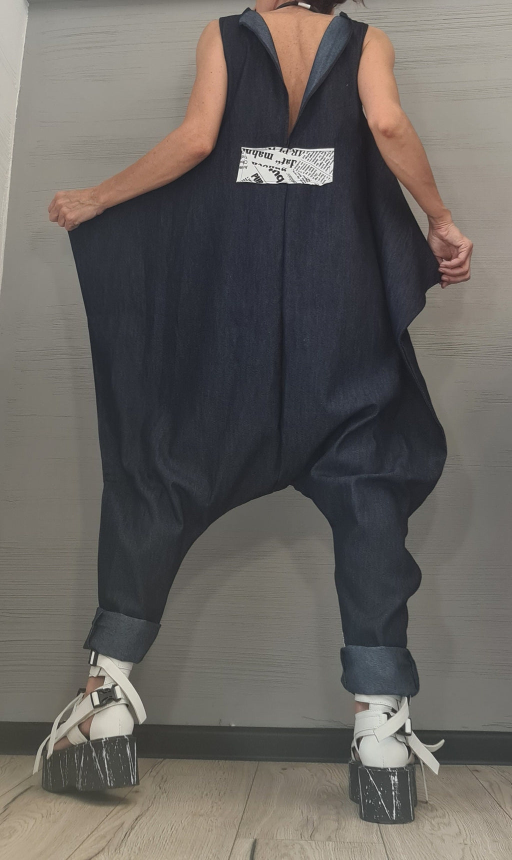 Asymmetric long Jumpsuit, Harem Jumpsuit, Denim Jumpsuit, Gothic Jumpsuit , Extravagant Wide Leg Overall, Sleeveless Jumpsuit