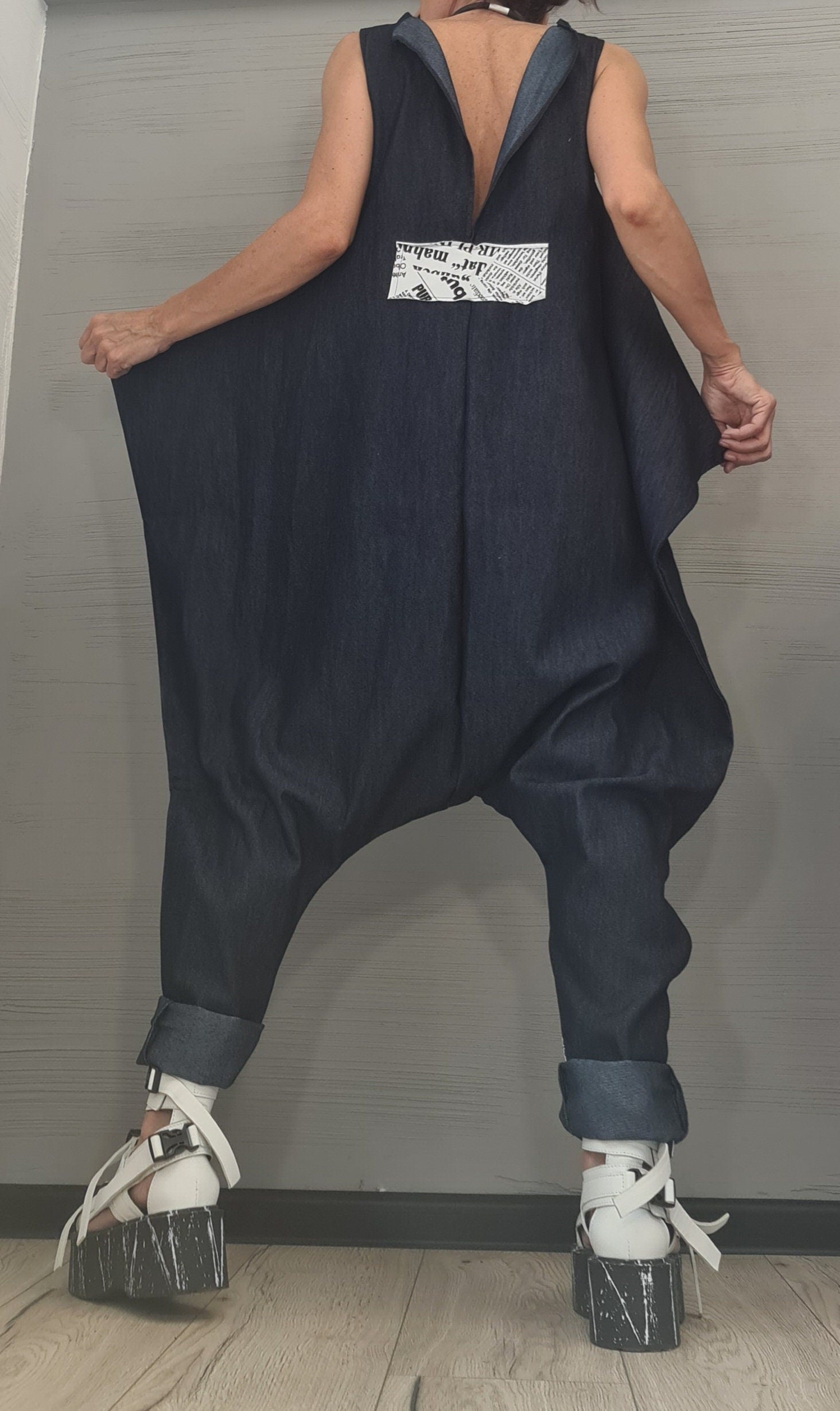 Asymmetric long Jumpsuit, Harem Jumpsuit, Denim Jumpsuit, Gothic Jumpsuit , Extravagant Wide Leg Overall, Sleeveless Jumpsuit