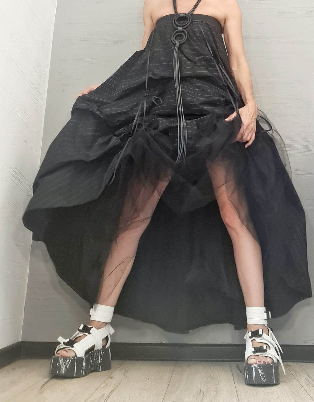 New collection Extravagant Ball Dress Skirt Women, Tutu Cocktail Skirt, Asymmetric Long Short Skirt, Black White stripes Dress