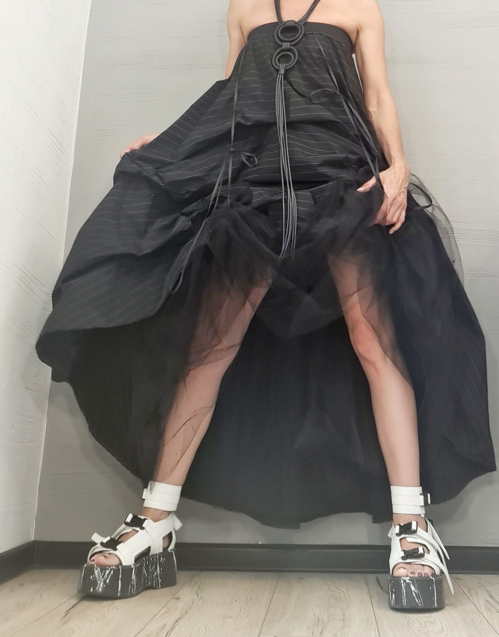 New collection Extravagant Ball Dress Skirt Women, Tutu Cocktail Skirt, Asymmetric Long Short Skirt, Black White stripes Dress