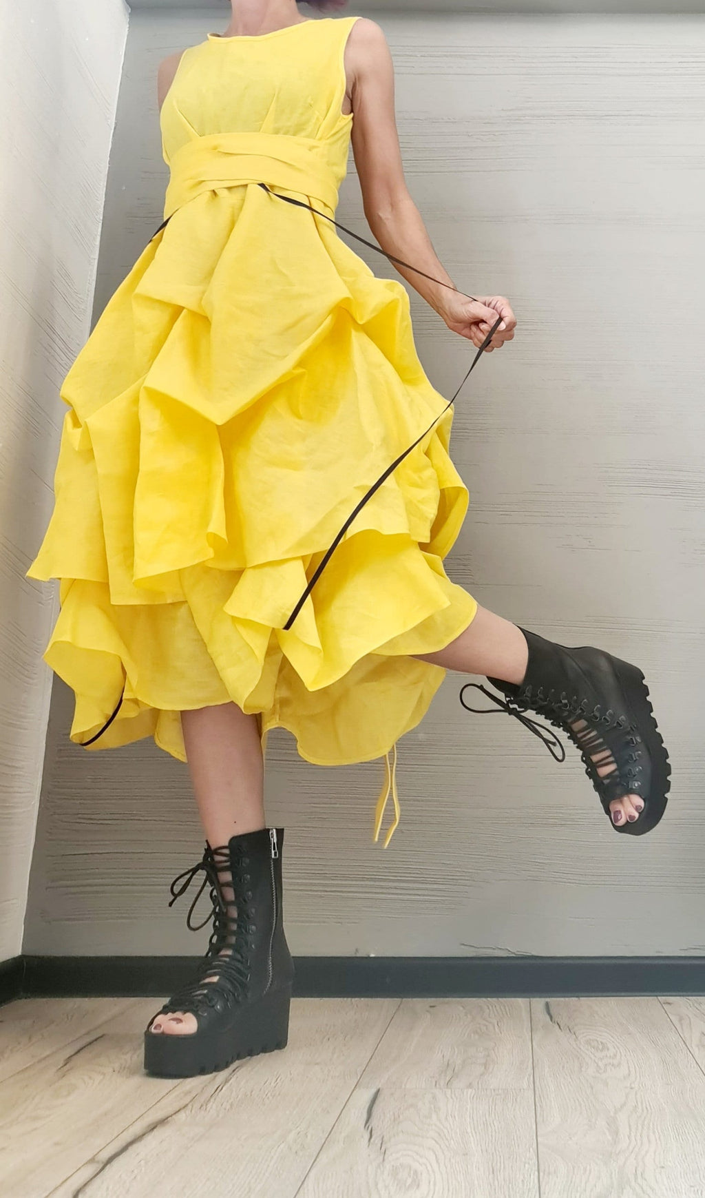 Linen Extravagant Yellow Dress, Asymmetric Linen Dress, Sleeveless Dress, New collection