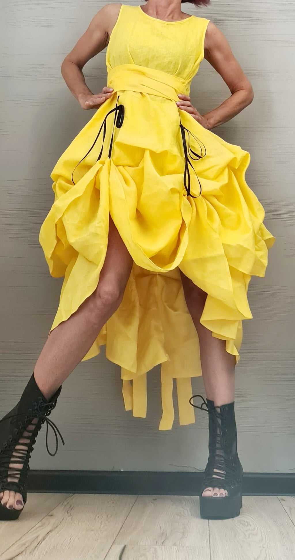 Linen Extravagant Yellow Dress, Asymmetric Linen Dress, Sleeveless Dress, New collection