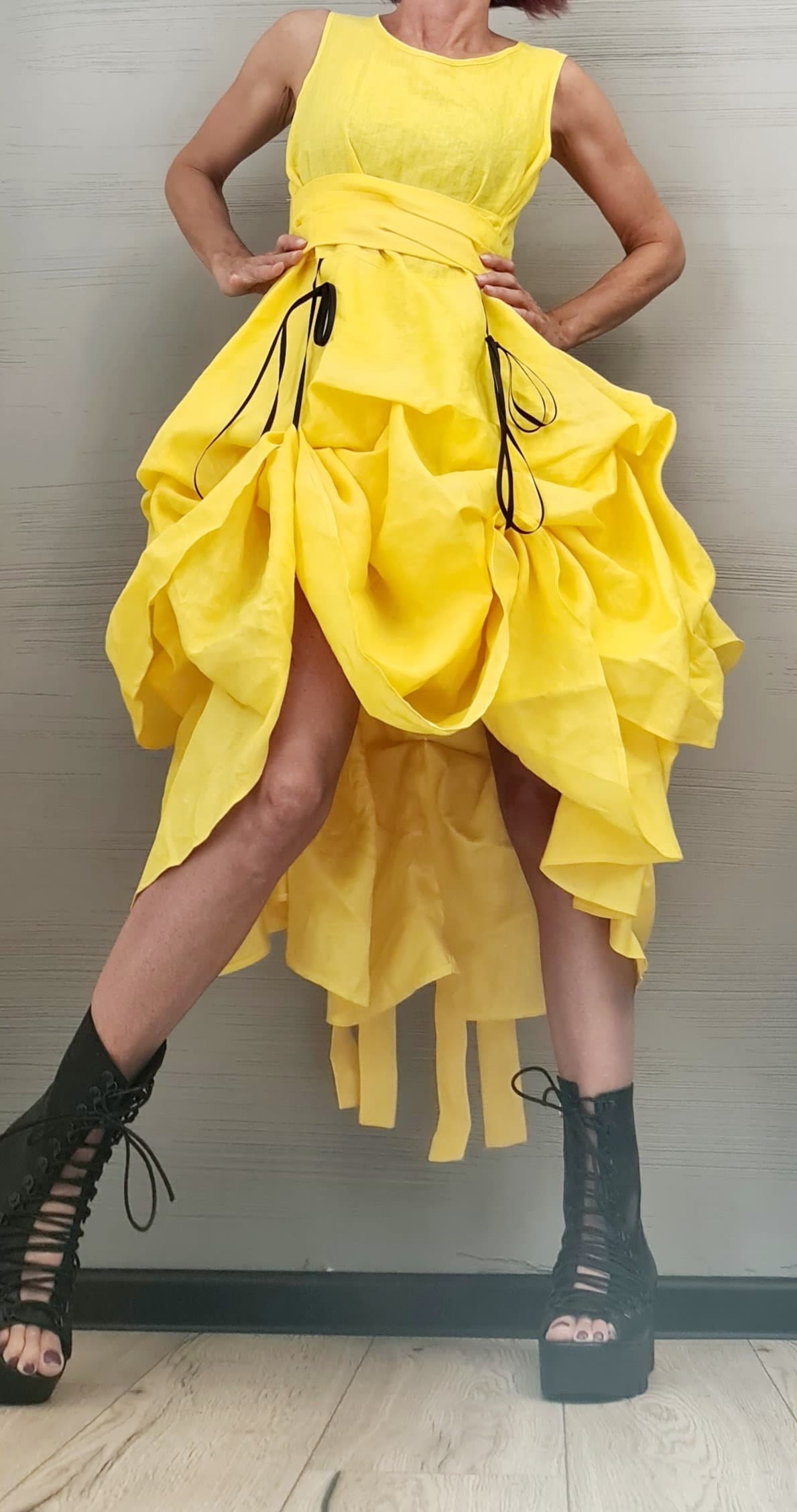 Linen Extravagant Yellow Dress, Asymmetric Linen Dress, Sleeveless Dress, New collection