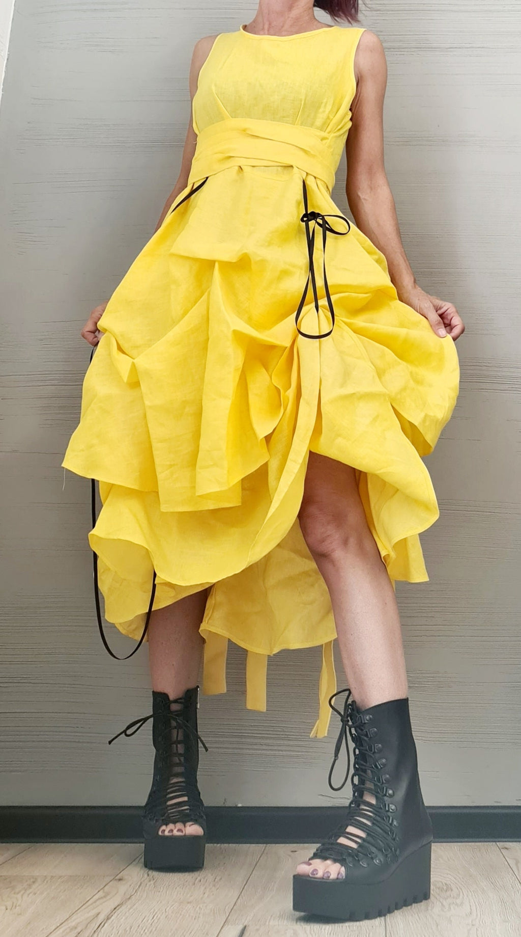 Linen Extravagant Yellow Dress, Asymmetric Linen Dress, Sleeveless Dress, New collection