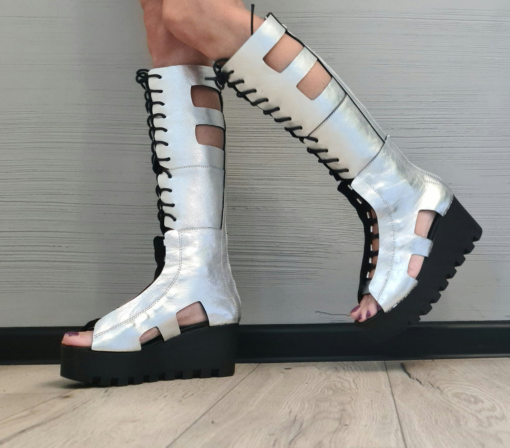 Silver Leather Gladiator Sandals, High Platform Sandals, Women Platform Boots, Gothic Shoes, Leather Wedges