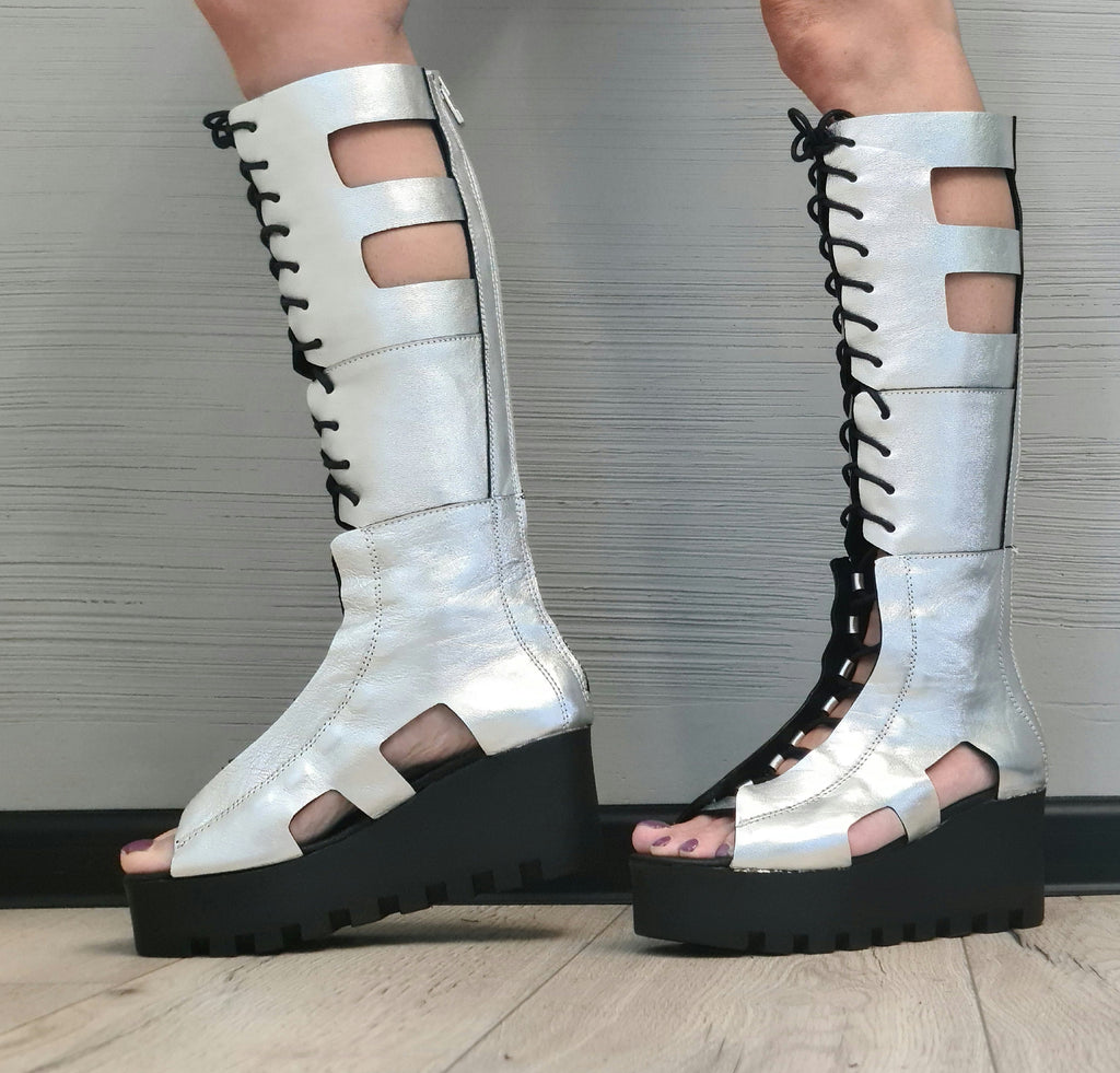 Silver Leather Gladiator Sandals, High Platform Sandals, Women Platform Boots, Gothic Shoes, Leather Wedges