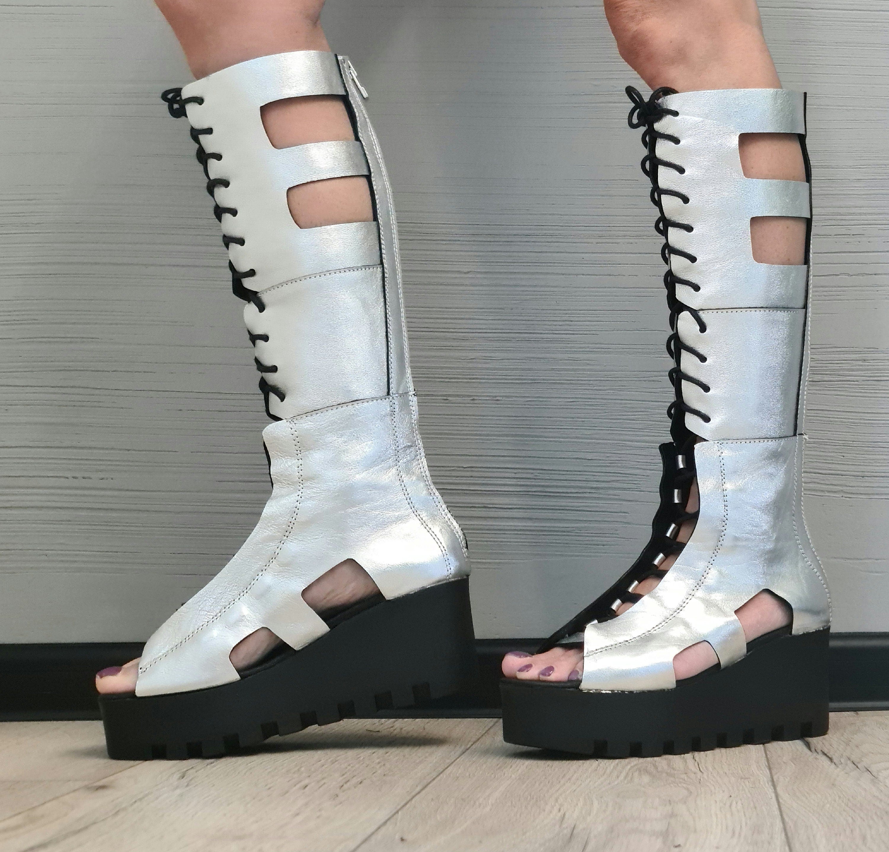 Silver Leather Gladiator Sandals, High Platform Sandals, Women Platform Boots, Gothic Shoes, Leather Wedges
