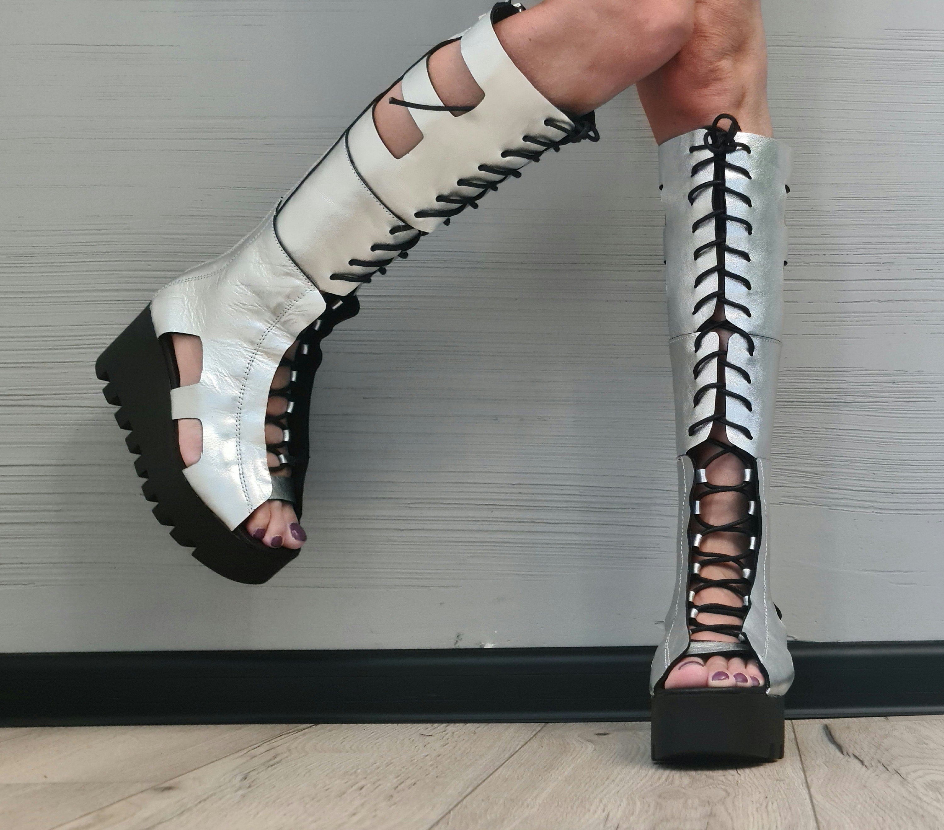 Silver Leather Gladiator Sandals, High Platform Sandals, Women Platform Boots, Gothic Shoes, Leather Wedges