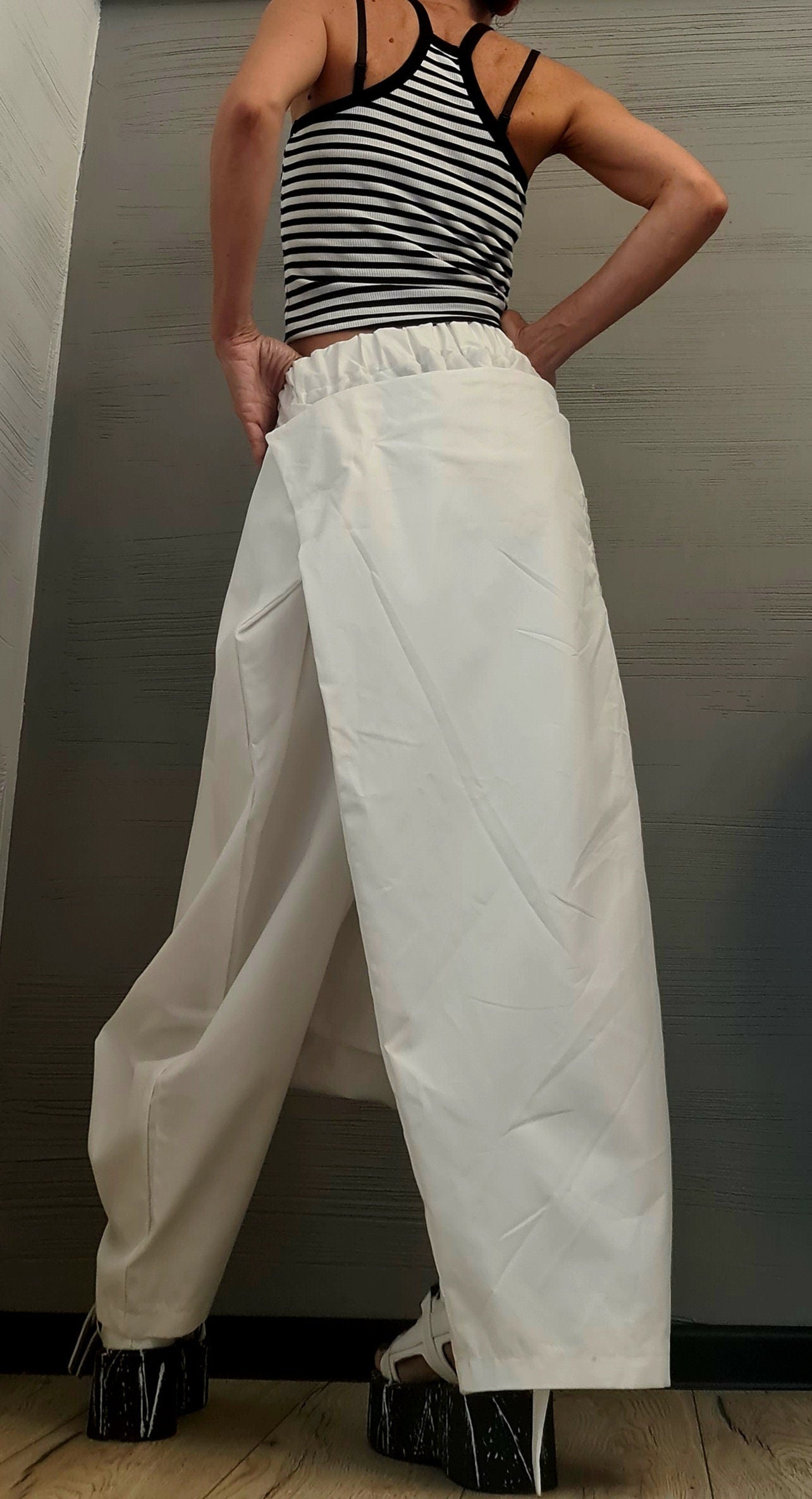 New collection White Trousers Skirt, Loose Pants, Extravagant Harem Pants, Women Pants,Avant-garde, Deconstructed trousers
