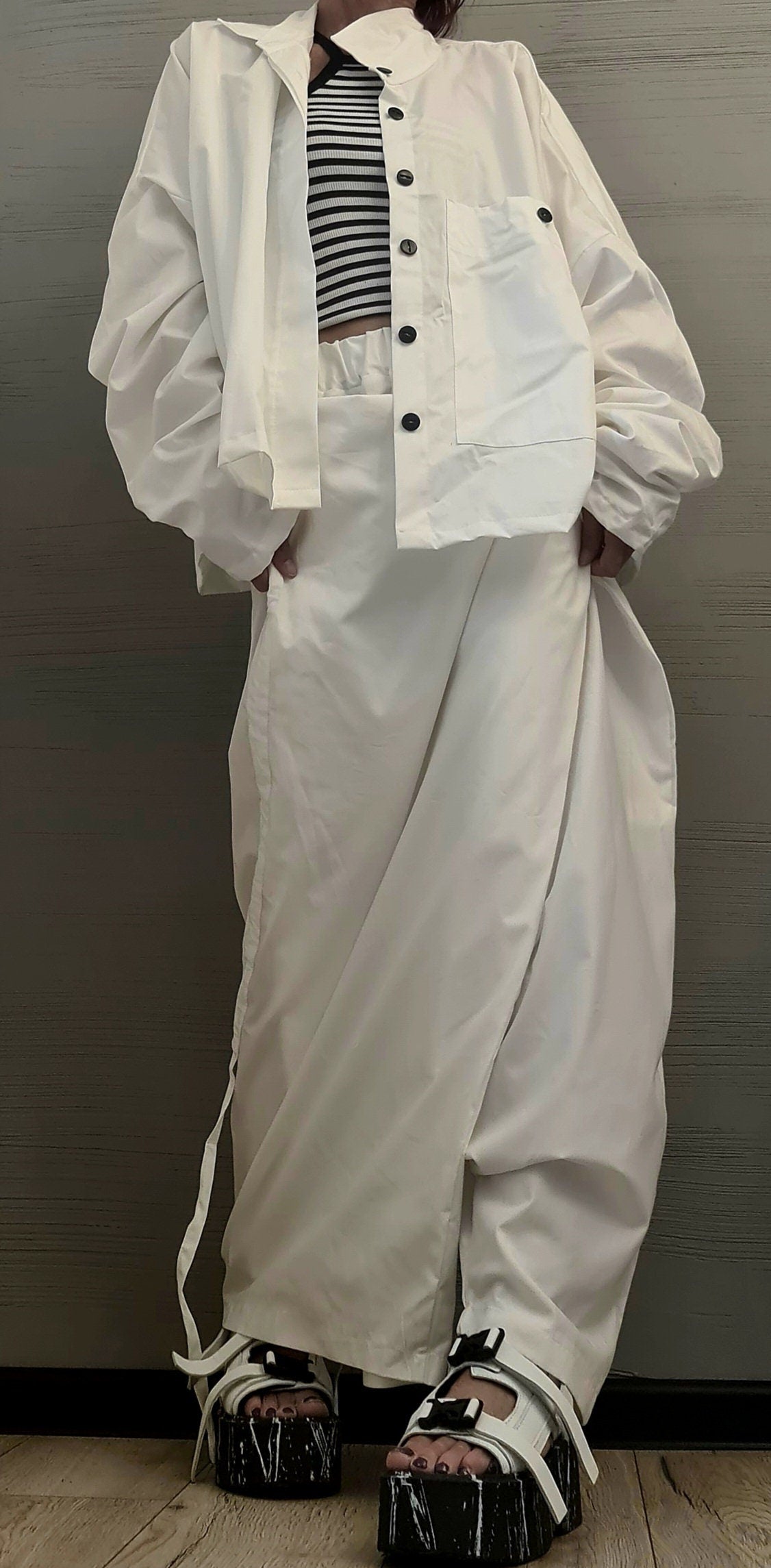 Extravagant Summer Set, Asymmetrical Top, White Trousers Skirt, Loose Pants, Extravagant Harem Pants, Avant-garde, Deconstructed