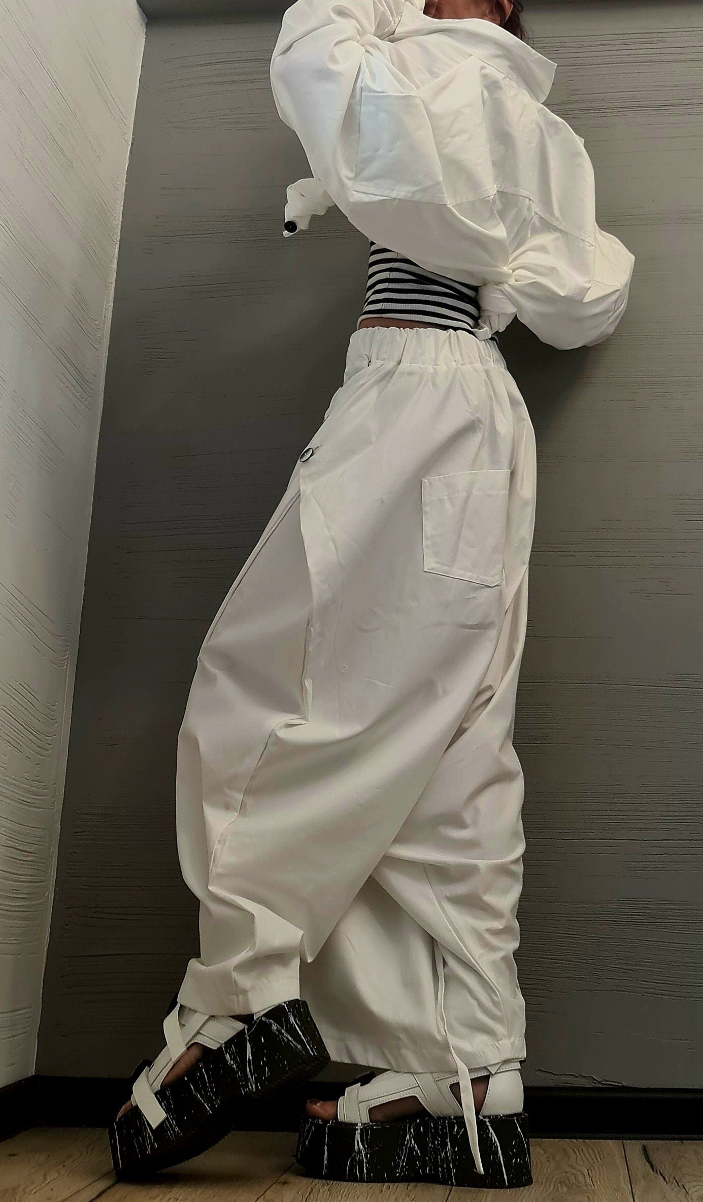 Extravagant Summer Set, Asymmetrical Top, White Trousers Skirt, Loose Pants, Extravagant Harem Pants, Avant-garde, Deconstructed