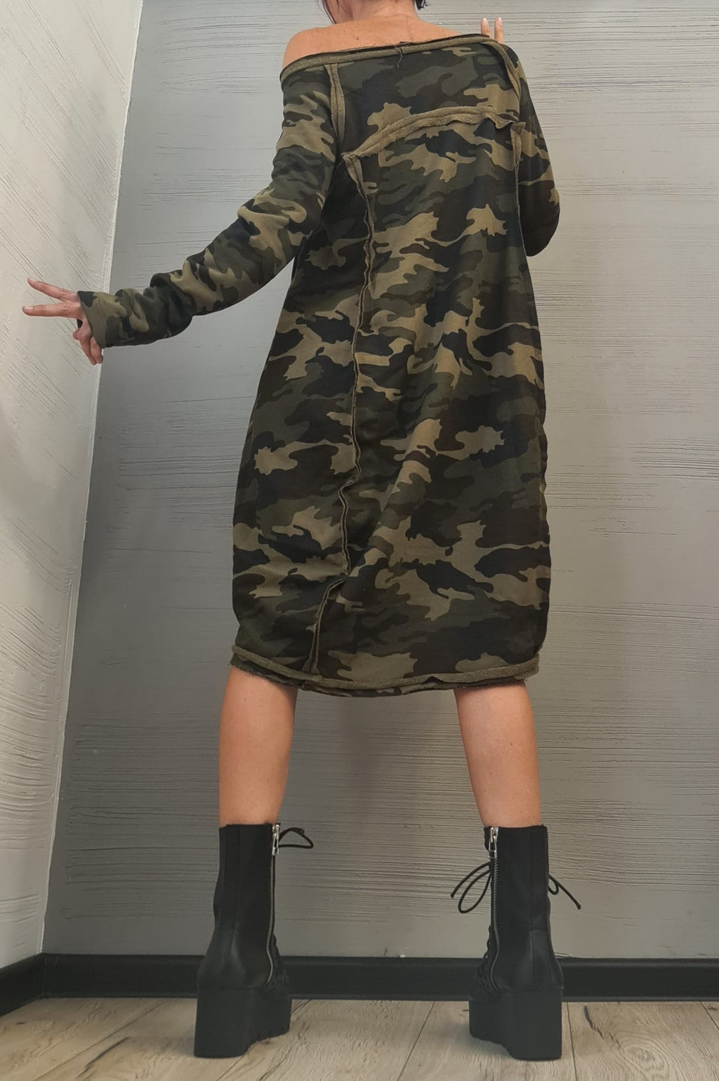 MILITARY Extravagant Dress, Tunic Dress, Plus Size Clothing, Blouson Dress, Asymmetric Dress, Long Sleeve Dress