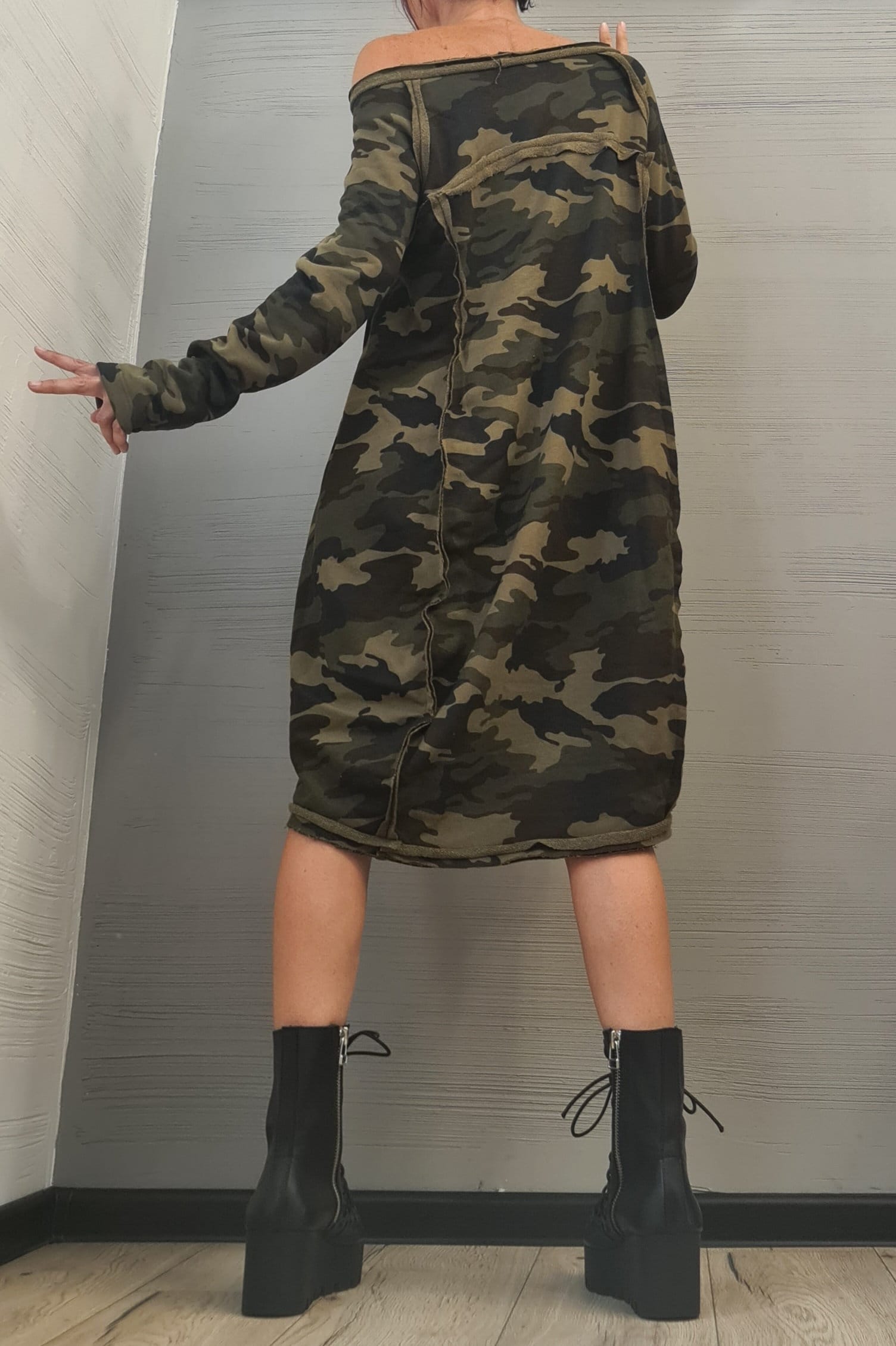 MILITARY Extravagant Dress, Tunic Dress, Plus Size Clothing, Blouson Dress, Asymmetric Dress, Long Sleeve Dress