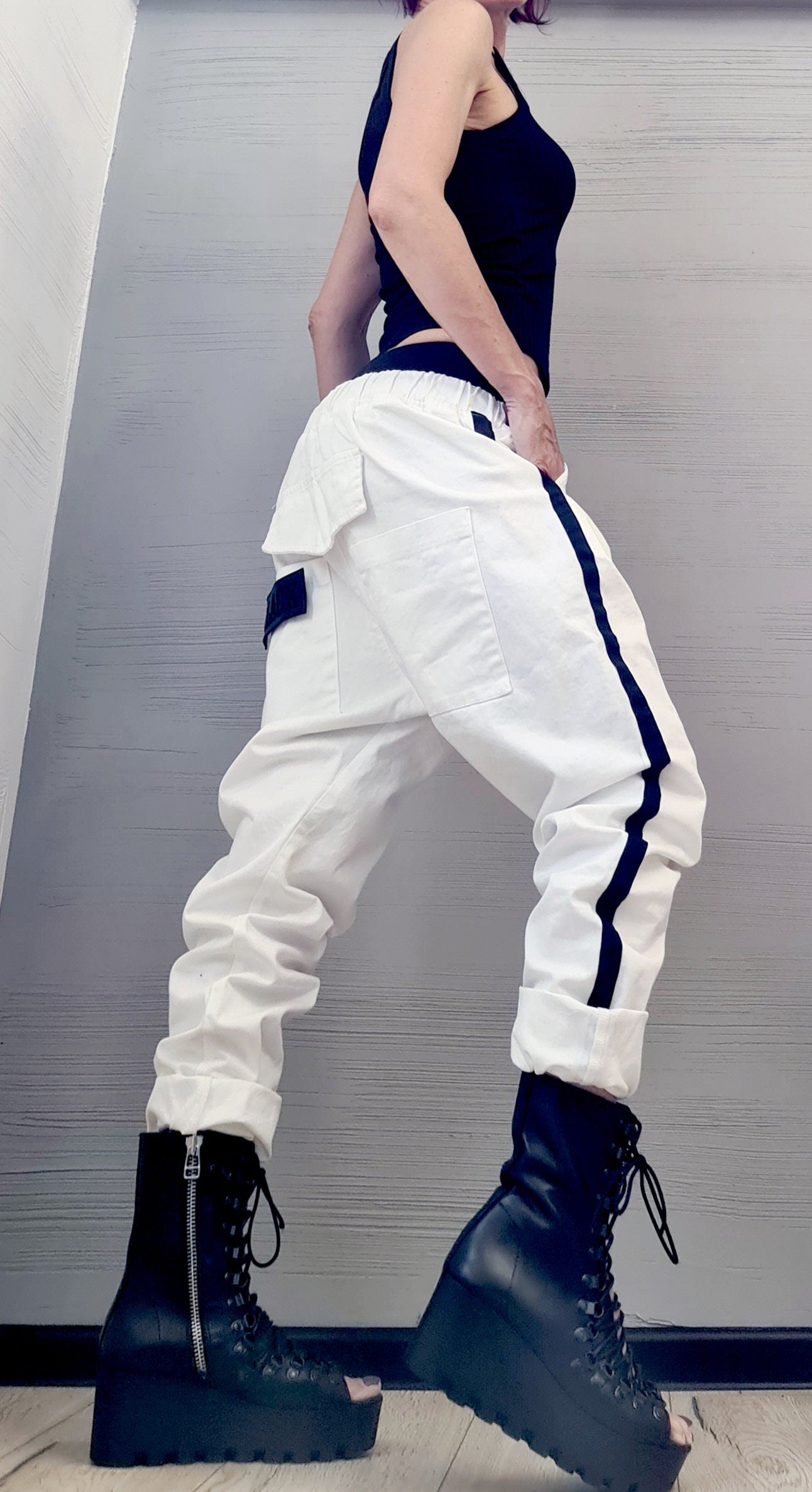 New collection Extravagant Women Harem Pants, Women Loose Trousers, Avant Garde Trousers, White Loose Pants, Gothic Pants, Black and white