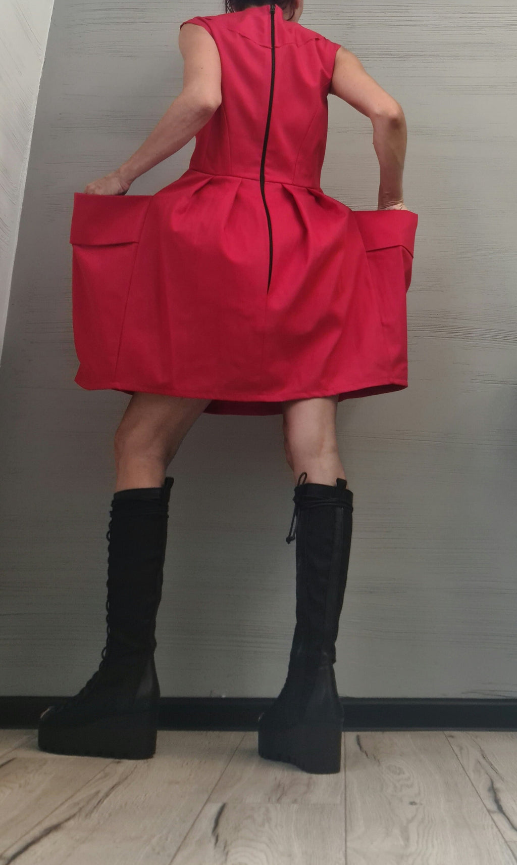 Asymmetric Red Dress, Extravagant outer pockets, Extravagant Dress, Plus Size Clothing, Sleeveless Dress, Futuristic Dress, Sexy Dress