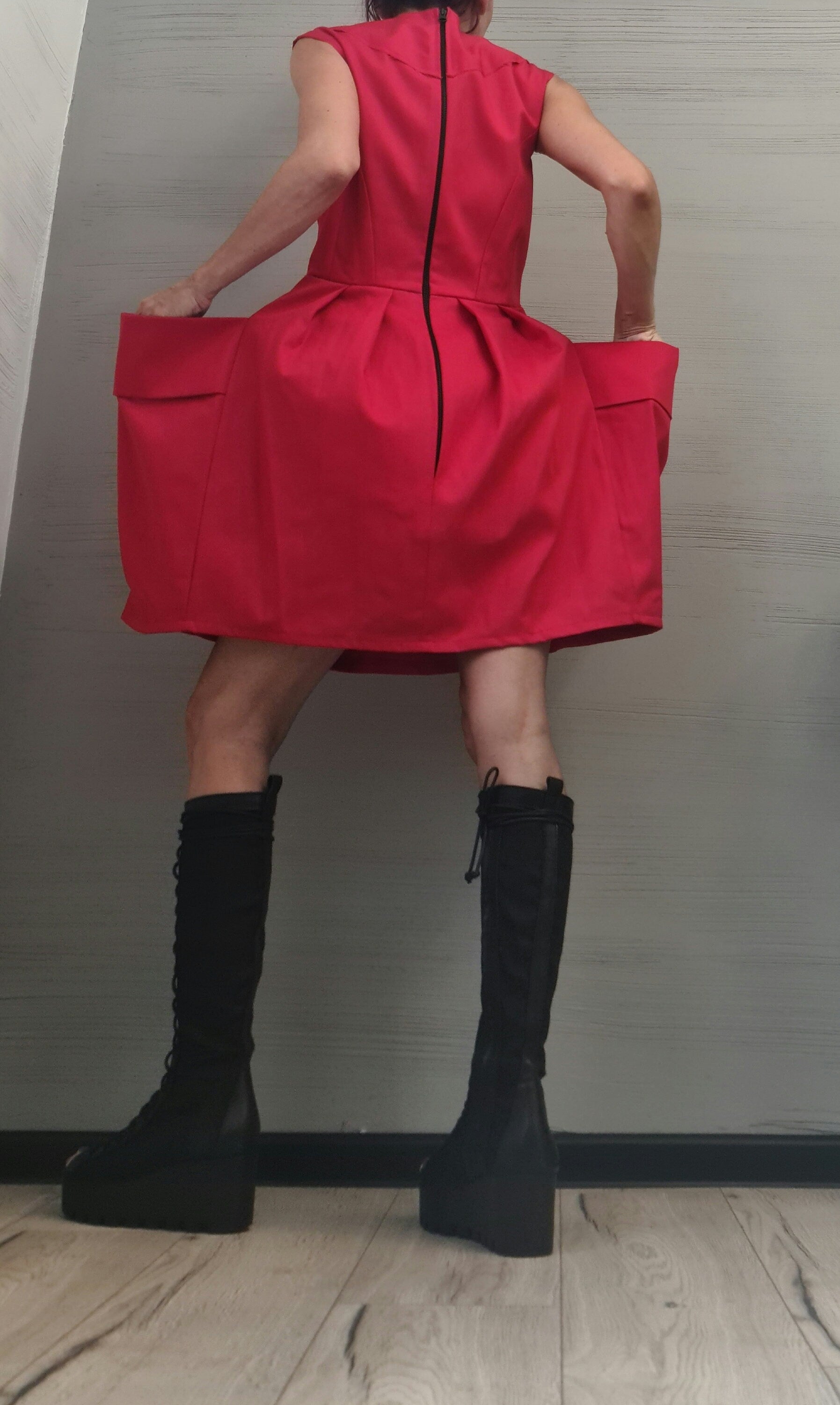 Asymmetric Red Dress, Extravagant outer pockets, Extravagant Dress, Plus Size Clothing, Sleeveless Dress, Futuristic Dress, Sexy Dress