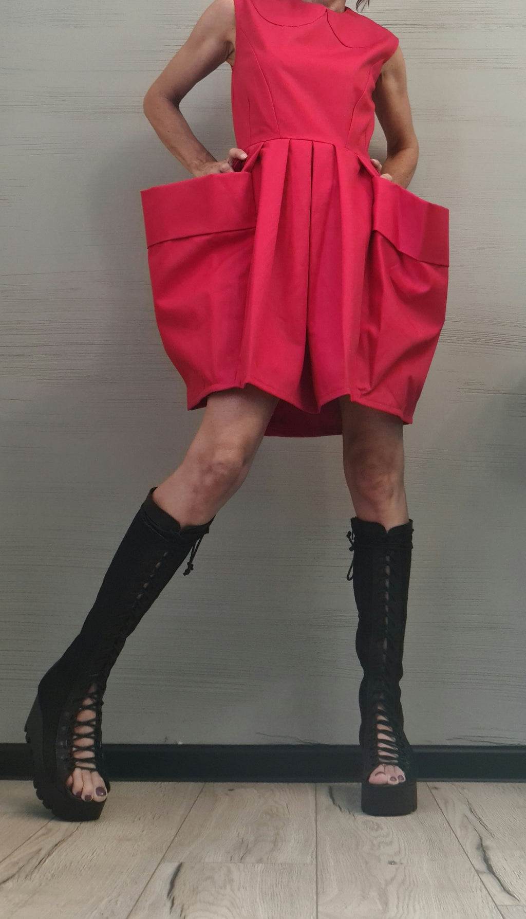 Asymmetric Red Dress, Extravagant outer pockets, Extravagant Dress, Plus Size Clothing, Sleeveless Dress, Futuristic Dress, Sexy Dress