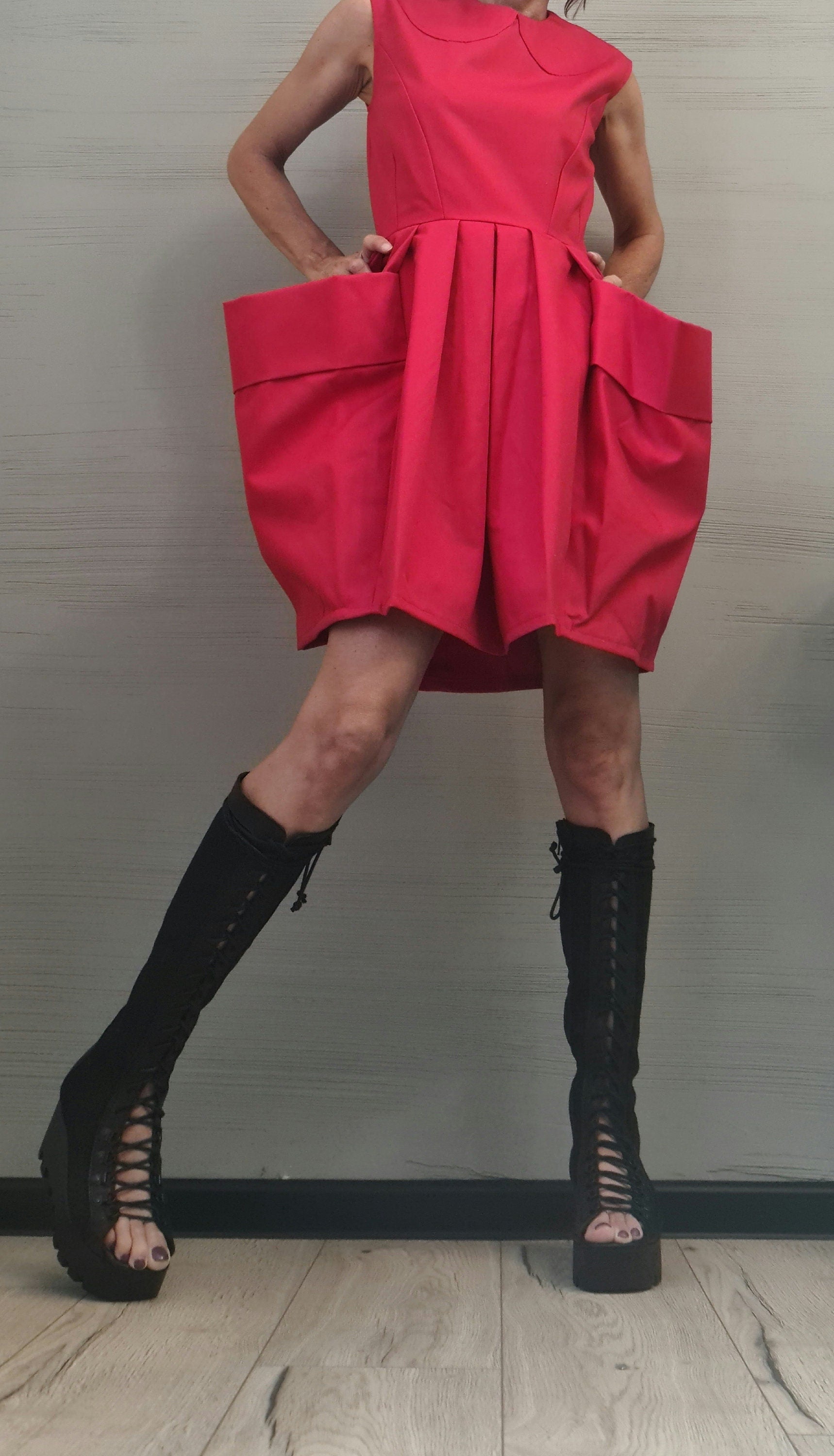 Asymmetric Red Dress, Extravagant outer pockets, Extravagant Dress, Plus Size Clothing, Sleeveless Dress, Futuristic Dress, Sexy Dress