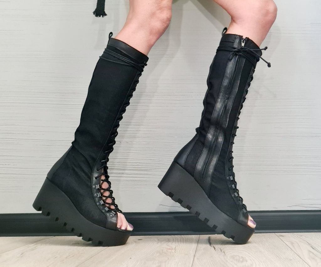 Summer linen boots, Leather Gladiator Sandals, High Platform Sandals, Women Platform Boots, Gothic Shoes, Leather Wedges