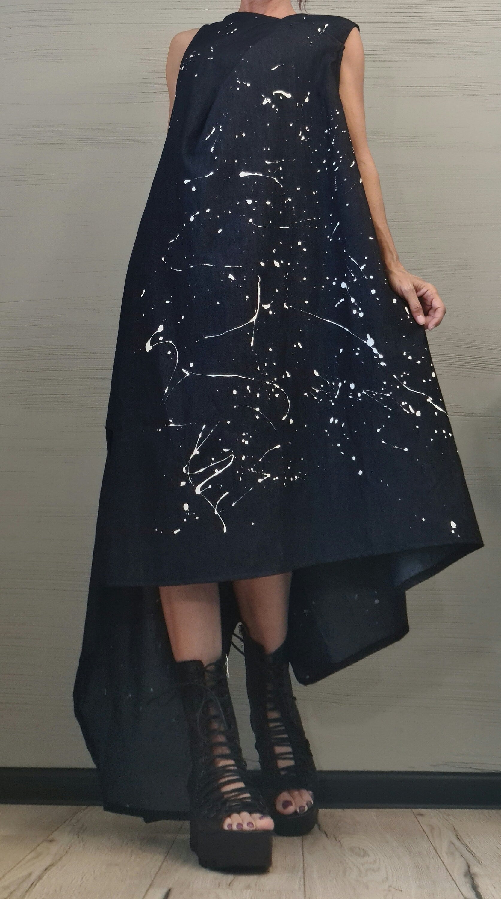 Denim Dress, Asymmetric Dress, Spray paint, Oversize Dress, Sleeveless Dress, Extravagant Dress, Plus Size Dress, Avant-garde