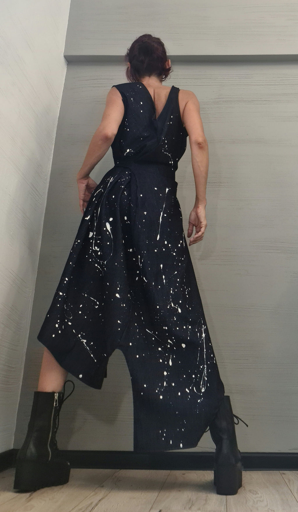Denim Dress, Asymmetric Dress, Spray paint, Oversize Dress, Sleeveless Dress, Extravagant Dress, Plus Size Dress, Avant-garde