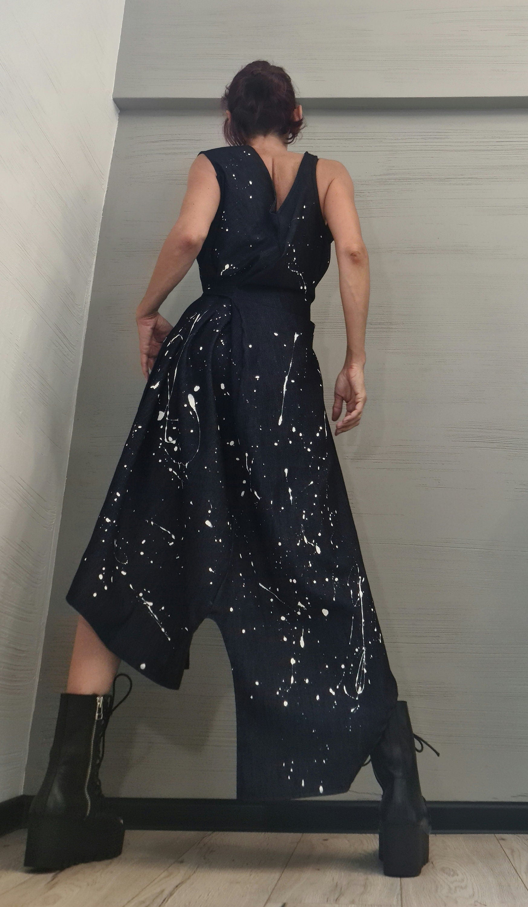 Denim Dress, Asymmetric Dress, Spray paint, Oversize Dress, Sleeveless Dress, Extravagant Dress, Plus Size Dress, Avant-garde