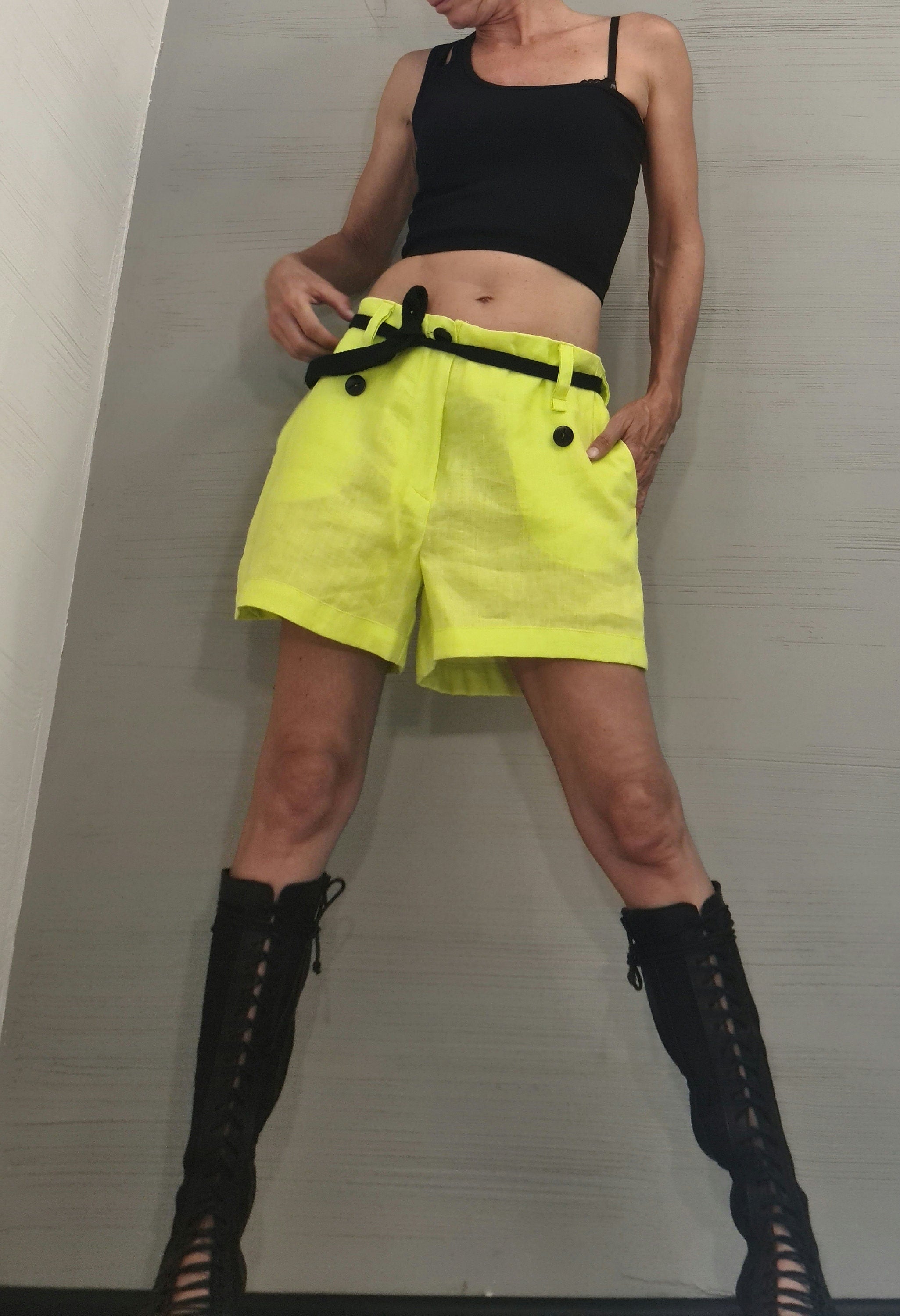 Lime Linen Extravagant Pants, Women Sexy Shorts, Loose Pants, Short Pants, Gothic Pants, Avant Garde Shorts