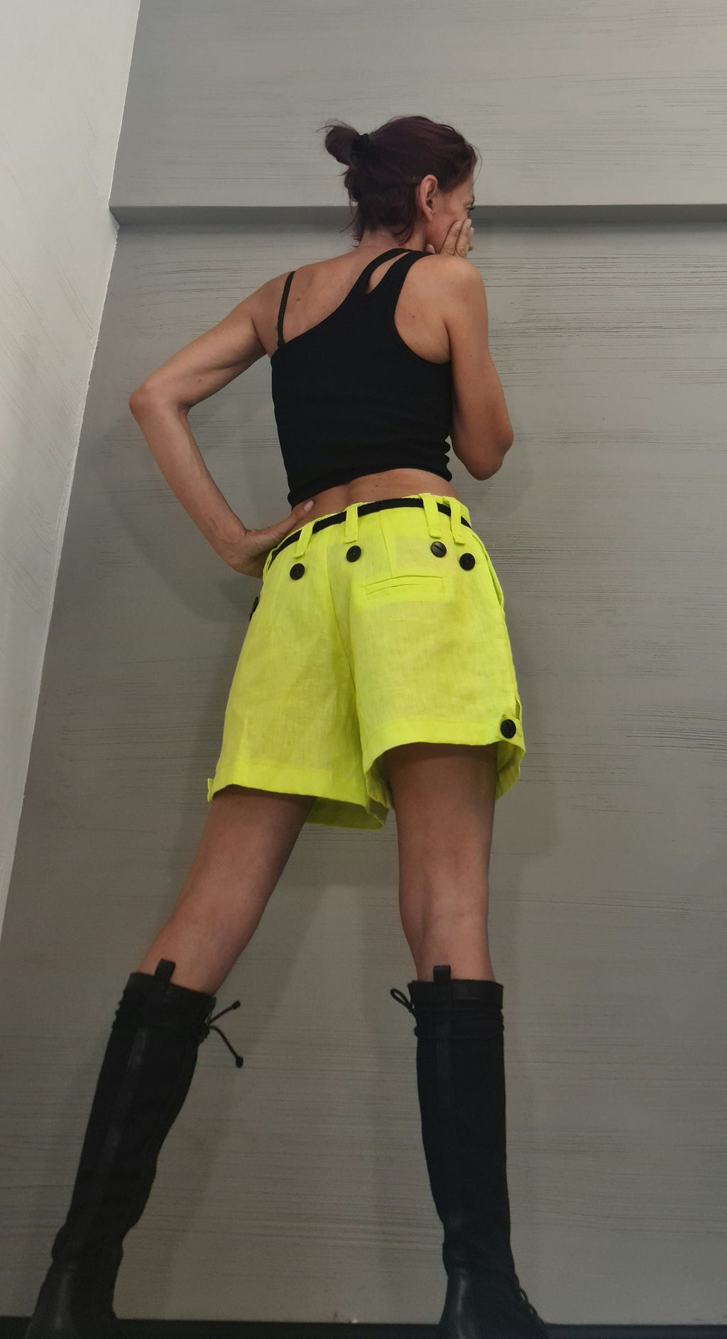 Lime Linen Extravagant Pants, Women Sexy Shorts, Loose Pants, Short Pants, Gothic Pants, Avant Garde Shorts