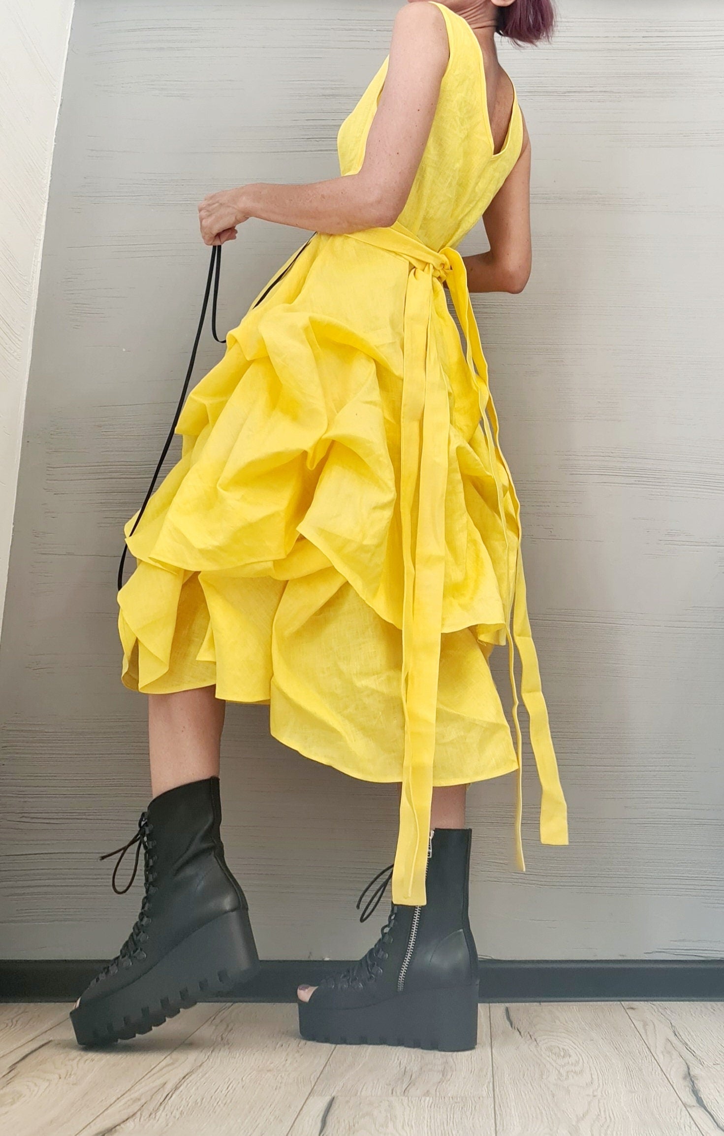 Linen Extravagant Yellow Dress, Asymmetric Linen Dress, Sleeveless Dress, New collection