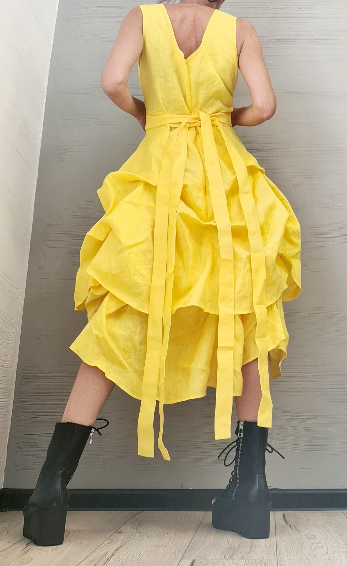 Linen Extravagant Yellow Dress, Asymmetric Linen Dress, Sleeveless Dress, New collection