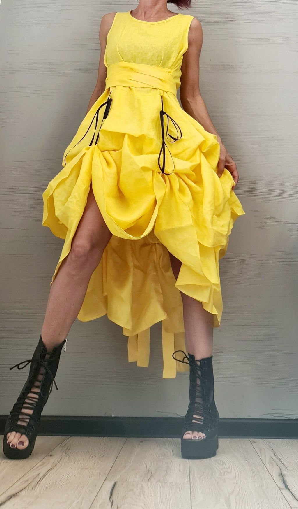 Linen Extravagant Yellow Dress, Asymmetric Linen Dress, Sleeveless Dress, New collection