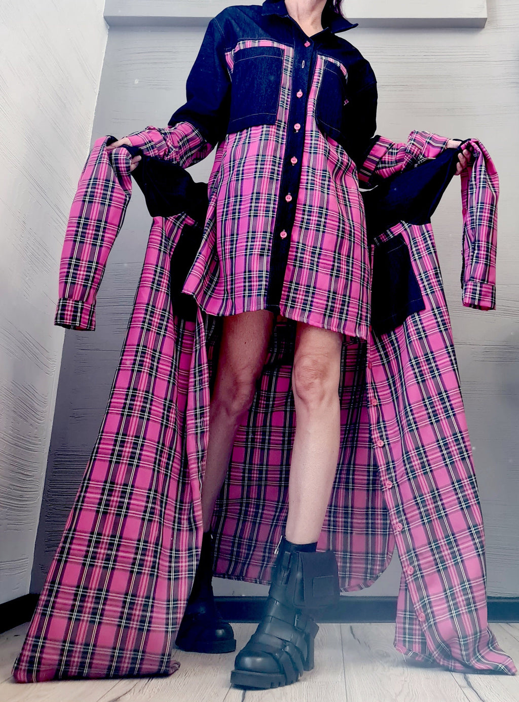 Pink Square Deconstructed Shirt, Asymmetric Shirt, Long Short Shirt Dress, Avant Garde Tunic,  New collection