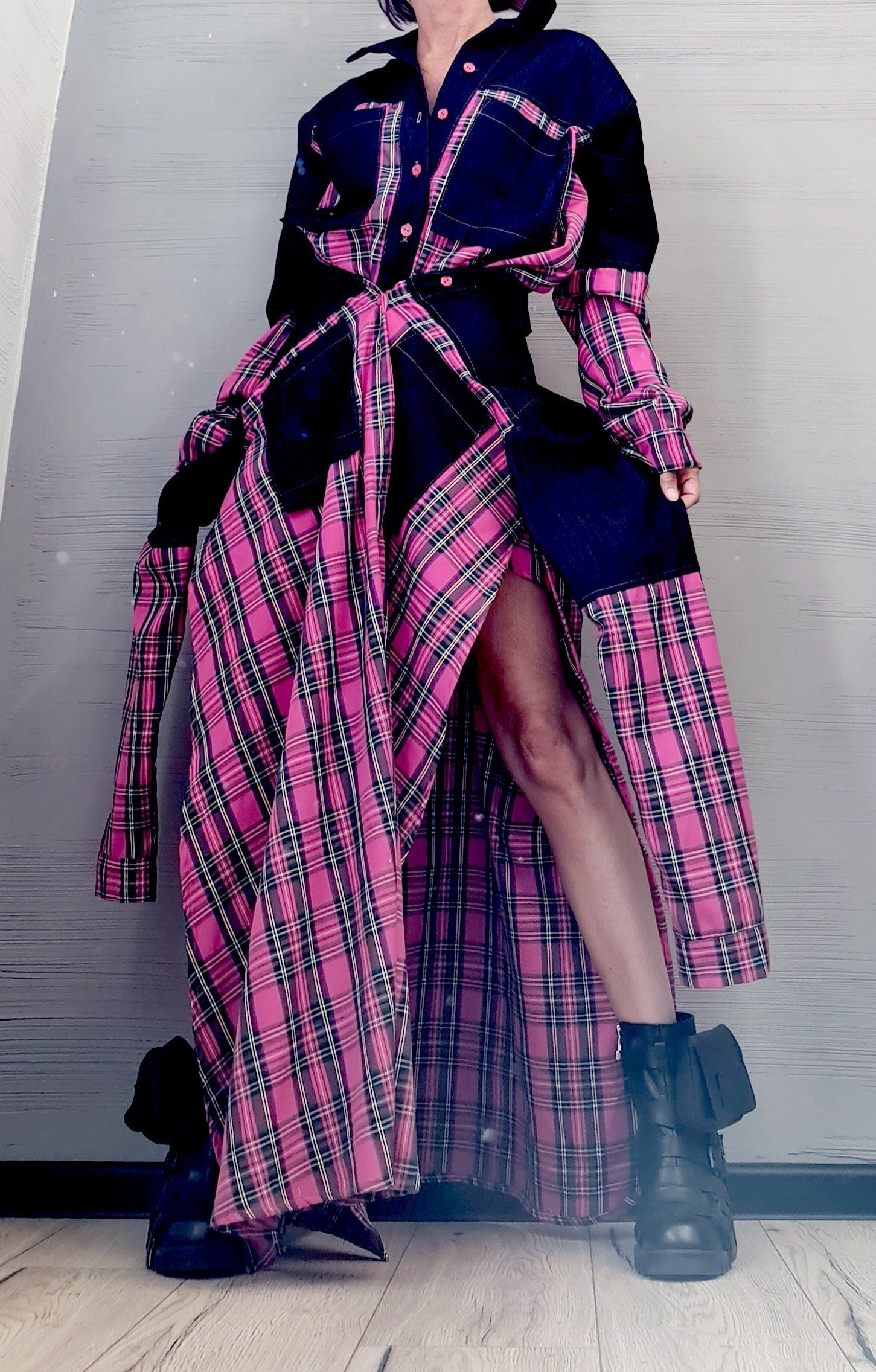 Pink Square Deconstructed Shirt, Asymmetric Shirt, Long Short Shirt Dress, Avant Garde Tunic,  New collection