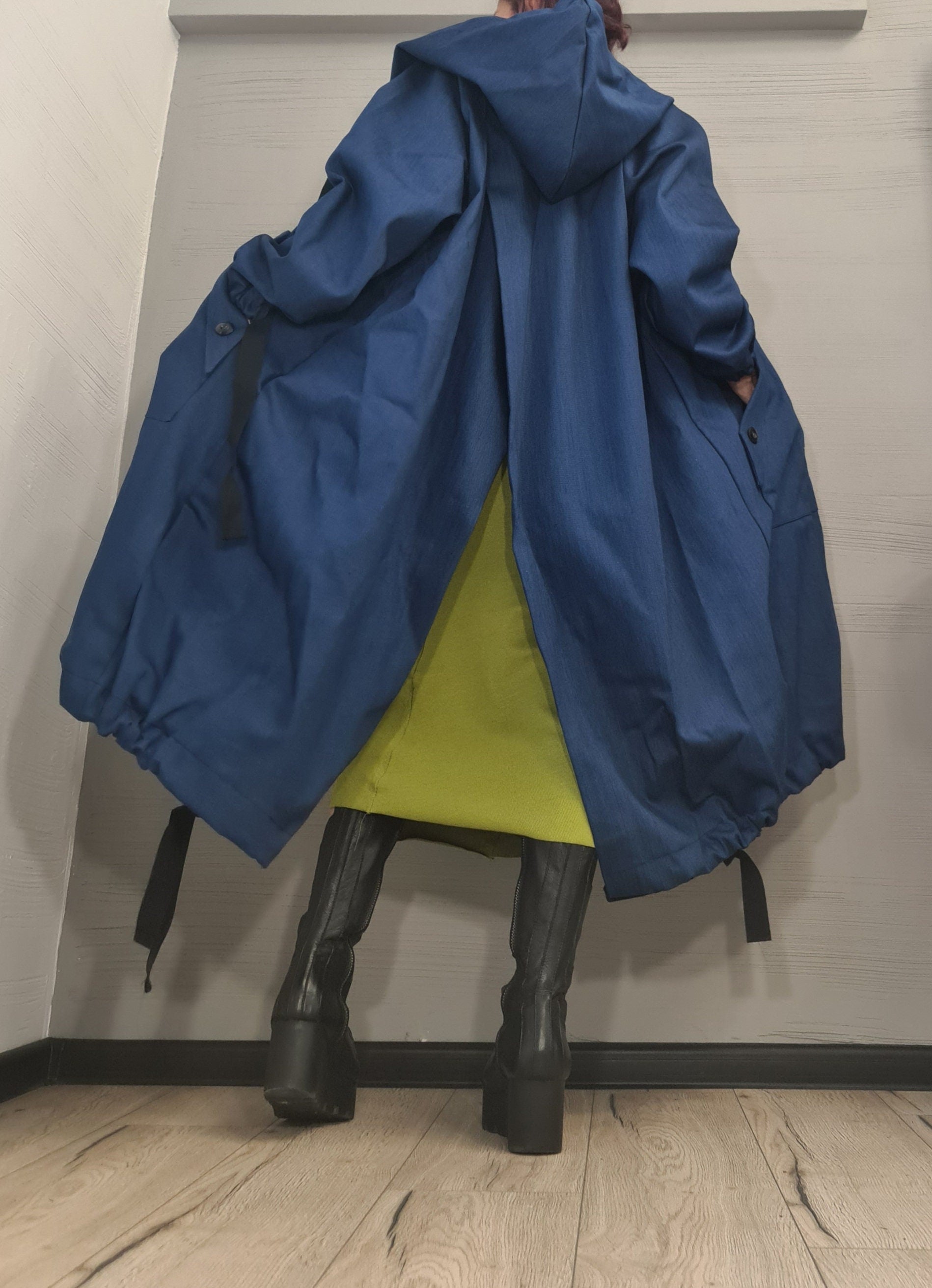 Extravagant Denim Long Loose Hooded Jacket , Spring Blazer, Asymmetrical Jacket, Trench Coat, Gothic, New collection