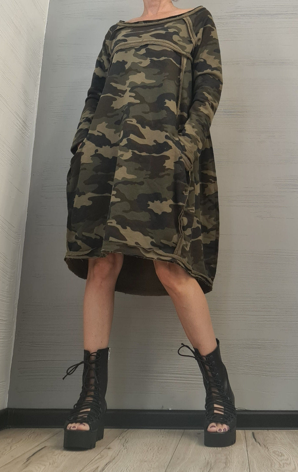 MILITARY Extravagant Dress, Tunic Dress, Plus Size Clothing, Blouson Dress, Asymmetric Dress, Long Sleeve Dress