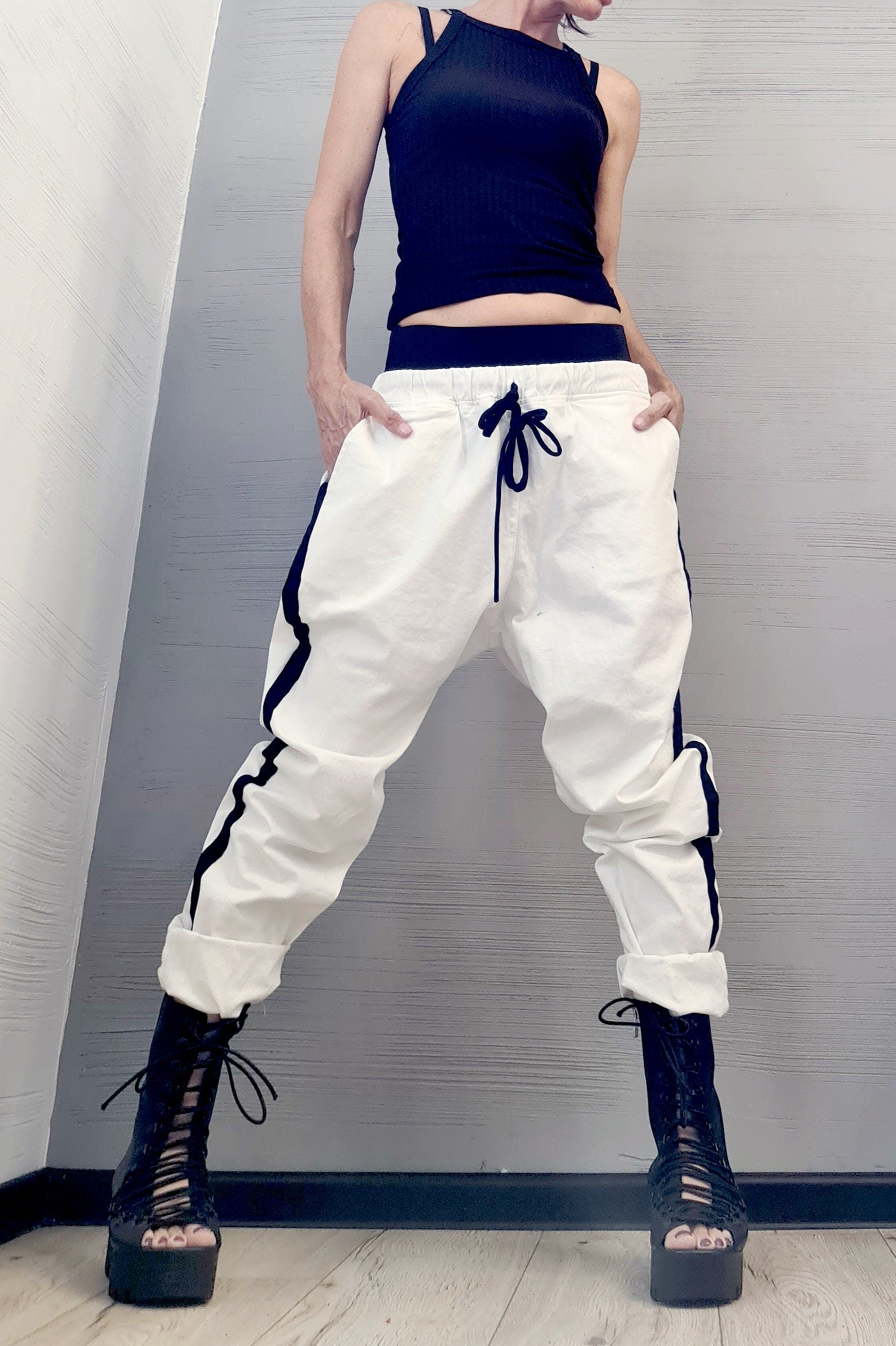 New collection Extravagant Women Harem Pants, Women Loose Trousers, Avant Garde Trousers, White Loose Pants, Gothic Pants, Black and white