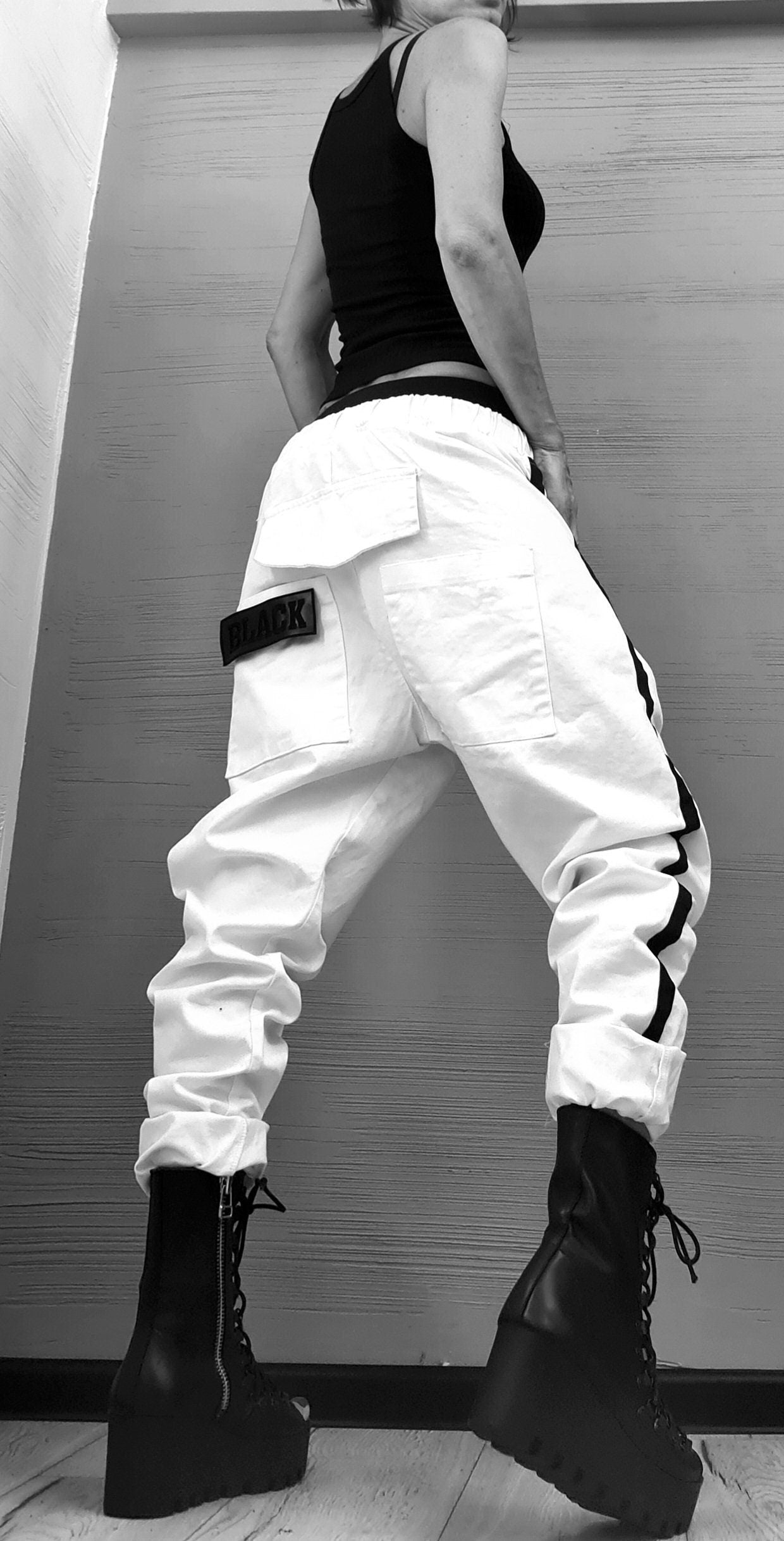 New collection Extravagant Women Harem Pants, Women Loose Trousers, Avant Garde Trousers, White Loose Pants, Gothic Pants, Black and white