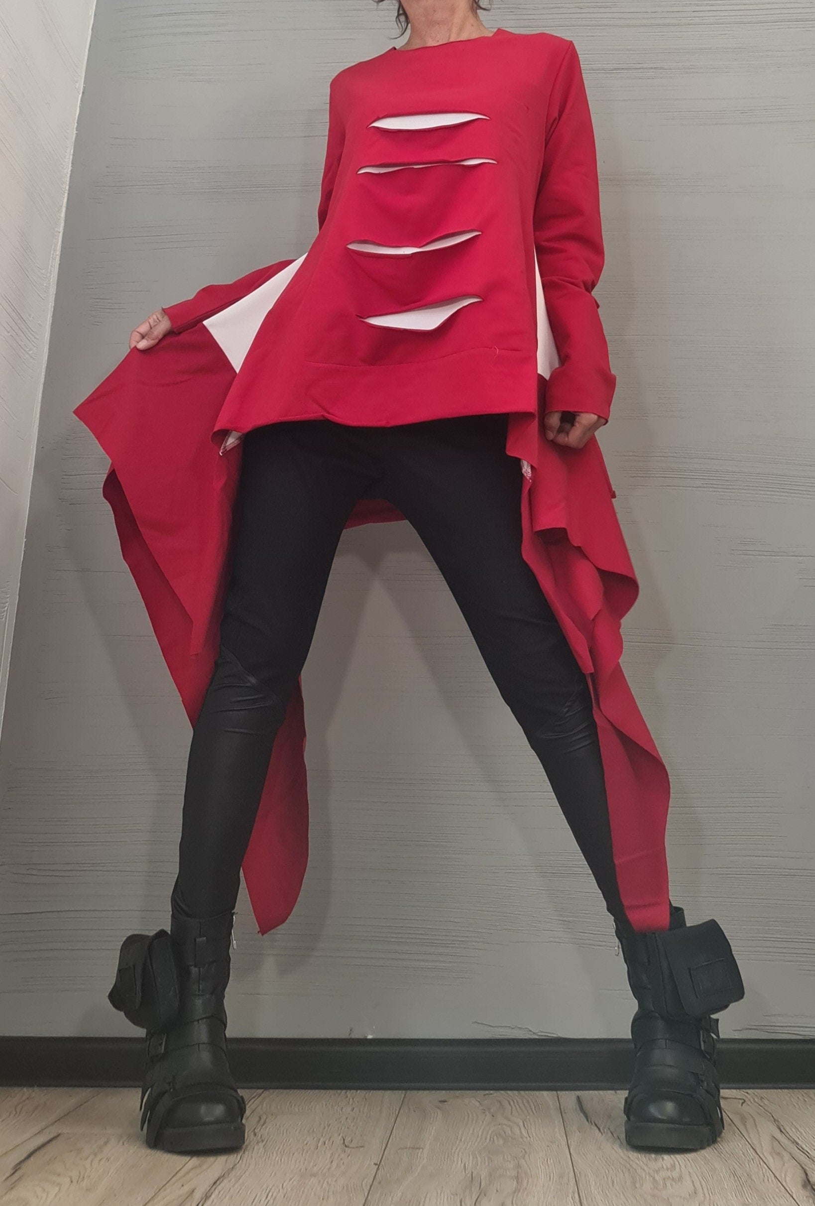 Avant Garde Tunic, Deconstructed Top, Loose Tunic, Asymmetric Blouse, Oversize Tunic, Long Sleeve, Black and White