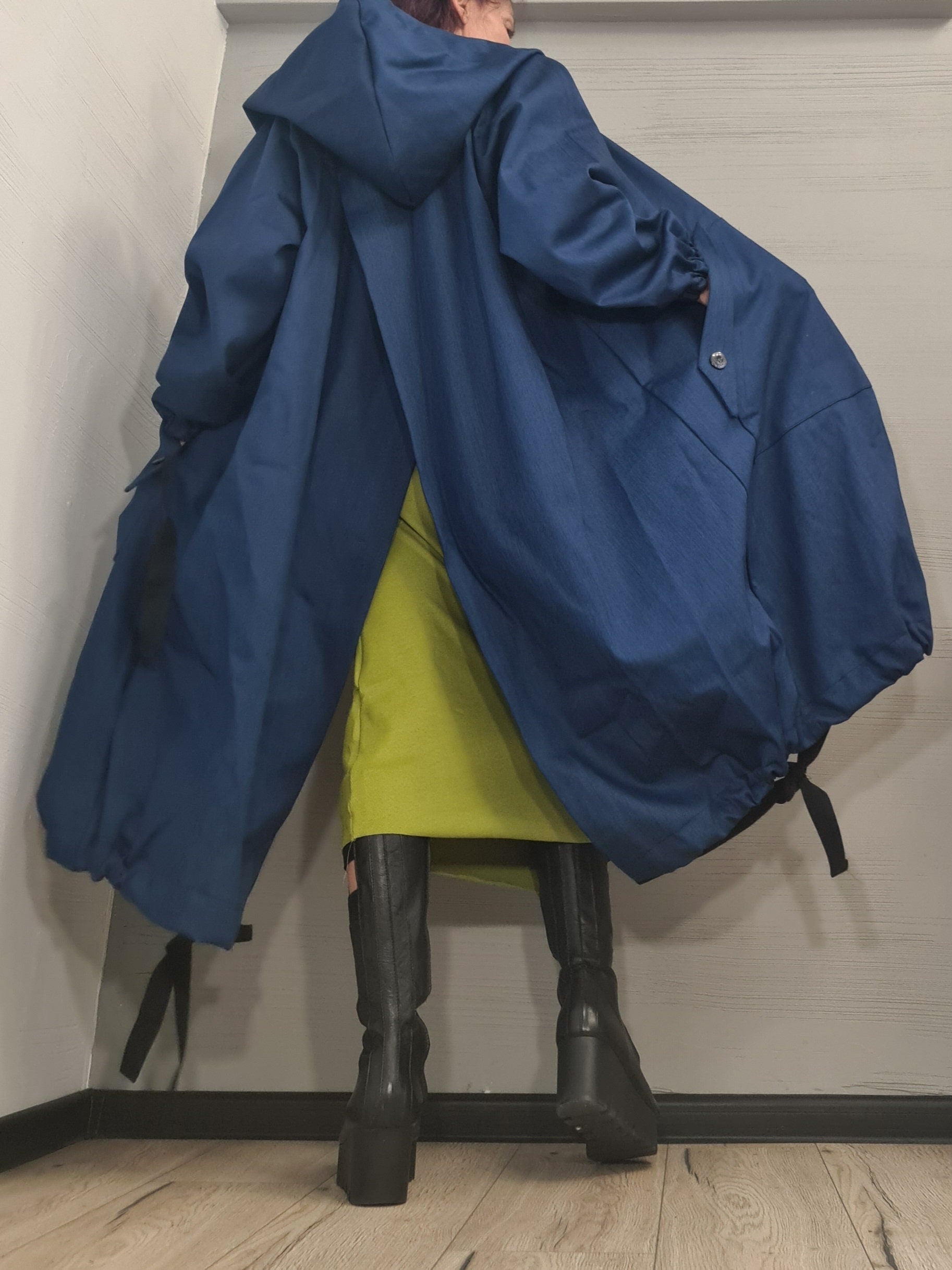 Extravagant Denim Long Loose Hooded Jacket , Spring Blazer, Asymmetrical Jacket, Trench Coat, Gothic, New collection