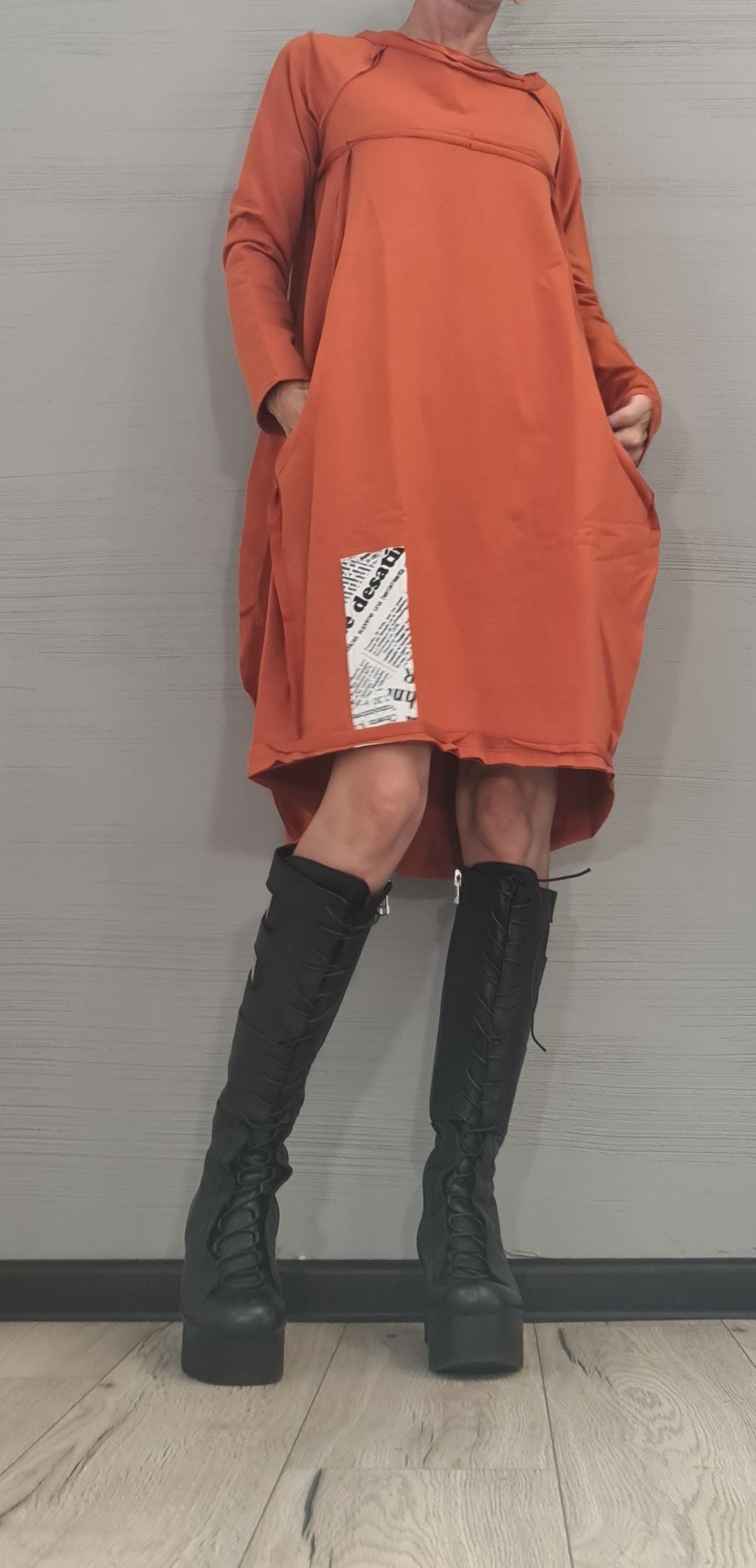 New collection Brick Orange, One Shoulder Dress, Tunic Dress, Plus Size Clothing, Blouson Dress, Asymmetric Dress, Long Sleeve Dress