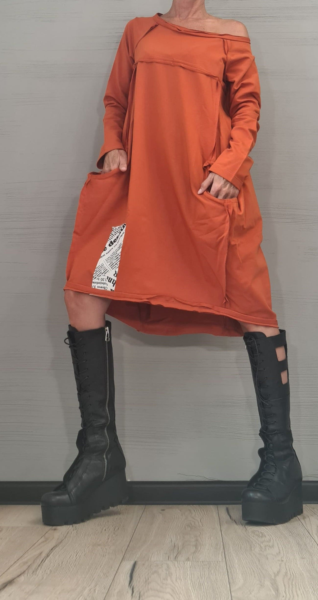 New collection Brick Orange, One Shoulder Dress, Tunic Dress, Plus Size Clothing, Blouson Dress, Asymmetric Dress, Long Sleeve Dress
