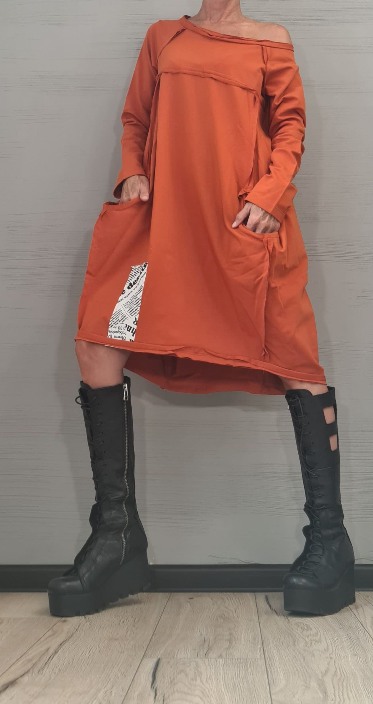 New collection Brick Orange, One Shoulder Dress, Tunic Dress, Plus Size Clothing, Blouson Dress, Asymmetric Dress, Long Sleeve Dress
