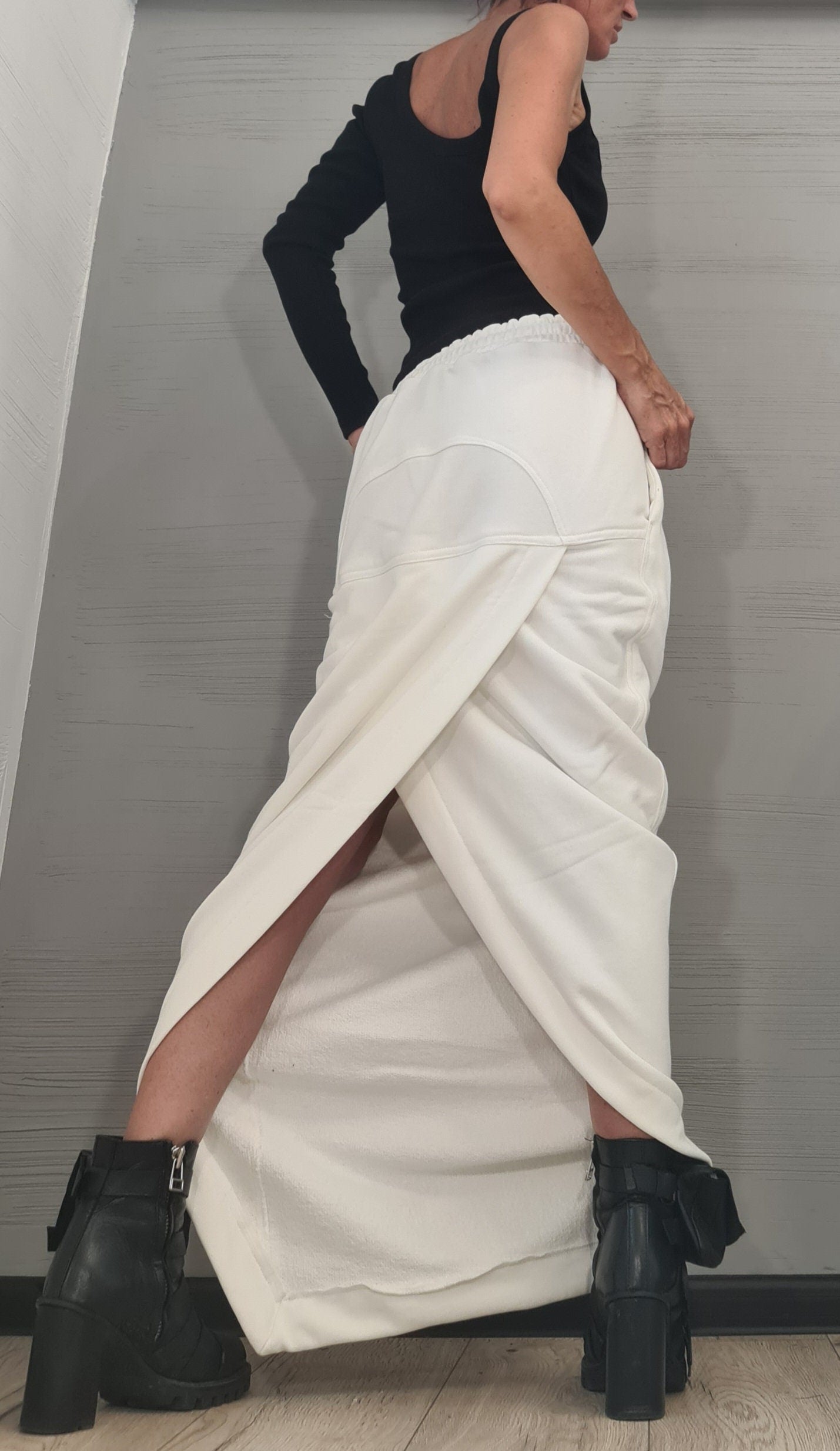 New collection White Extravagant Cotton Skirt, A Line Skirt, Long Slit Skirt, Gothic Skirt, Asymmetric Skirt, Sexy Skirt