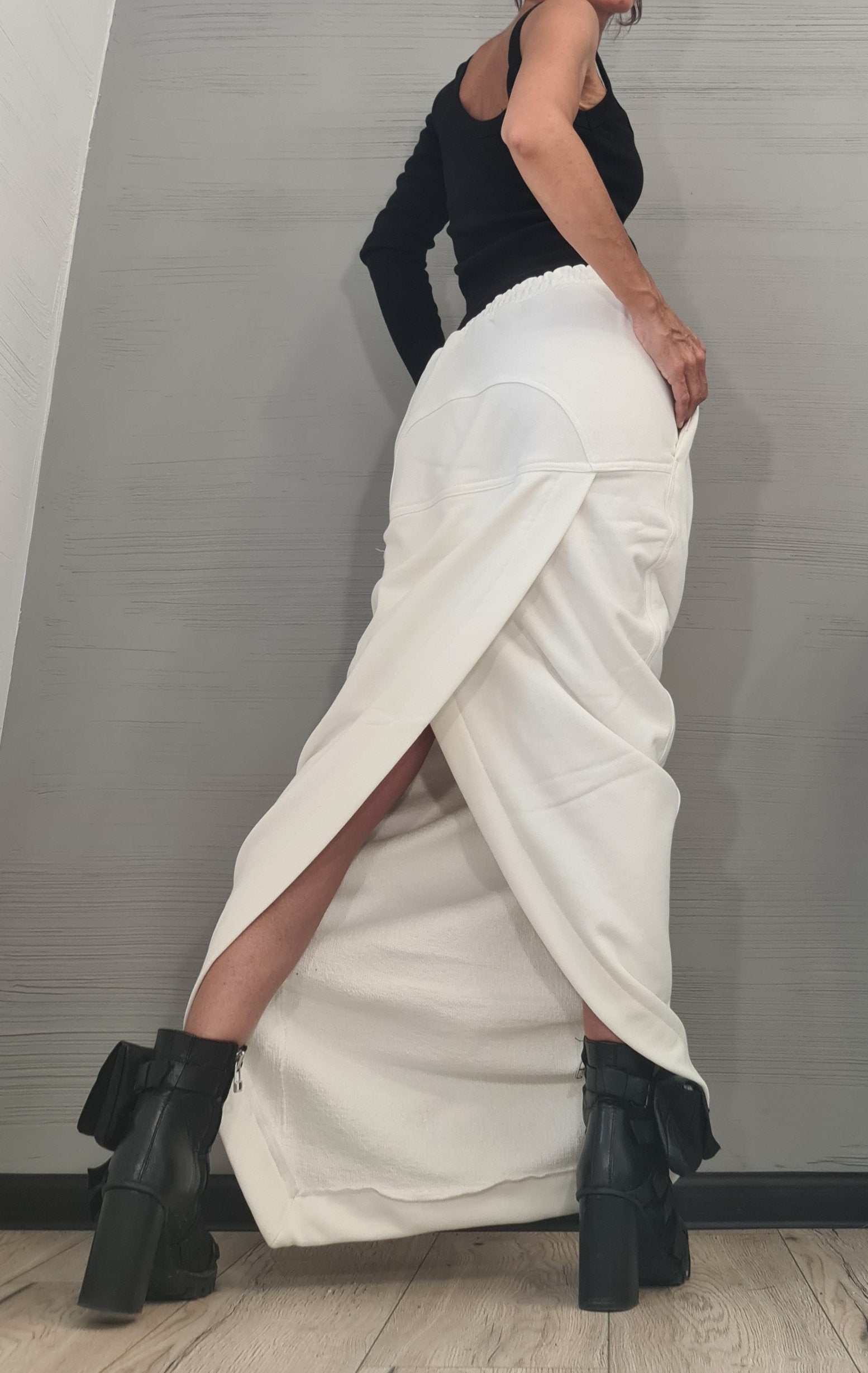 Extravagant Skirt, A Line Skirt, Women's Maxi Skirt with Pockets, Sporty Cotton Skirt,Skirt interesting back cut with overlap, Sexy Skirt